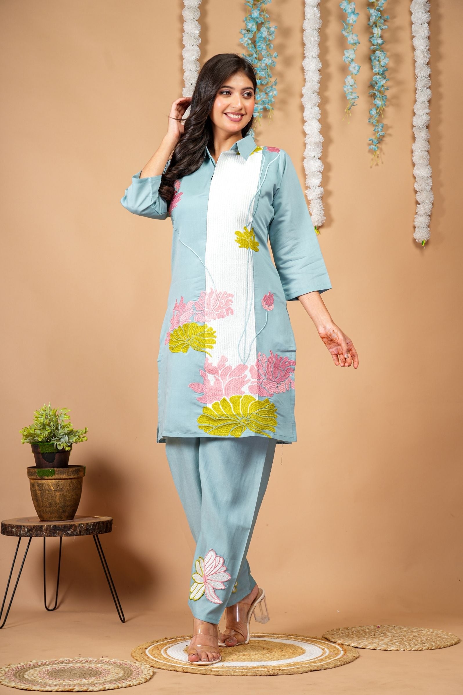 Lotus Breeze Powder Blue Embroidered Co-ord Set