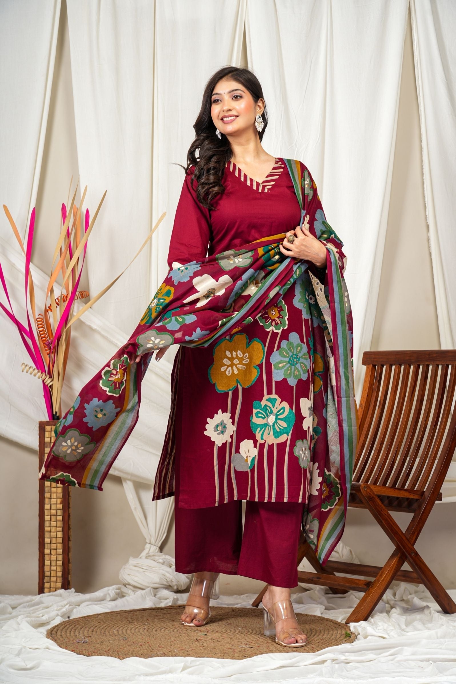 Maroon Cotton Ethnic Kurta Suit Set – Floral Print & Dupatta