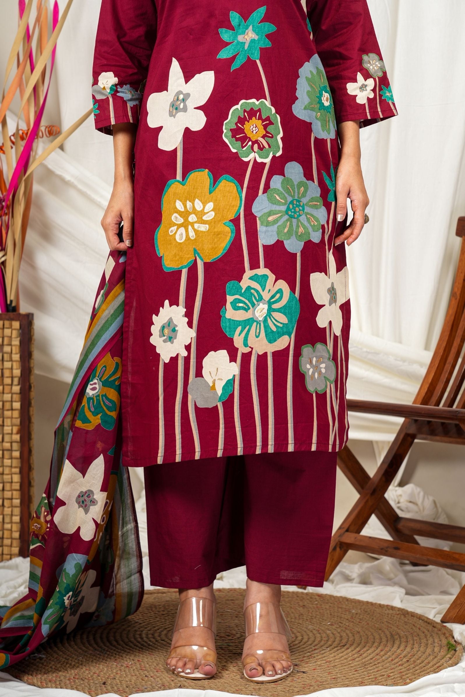 Maroon Cotton Ethnic Kurta Suit Set – Floral Print & Dupatta