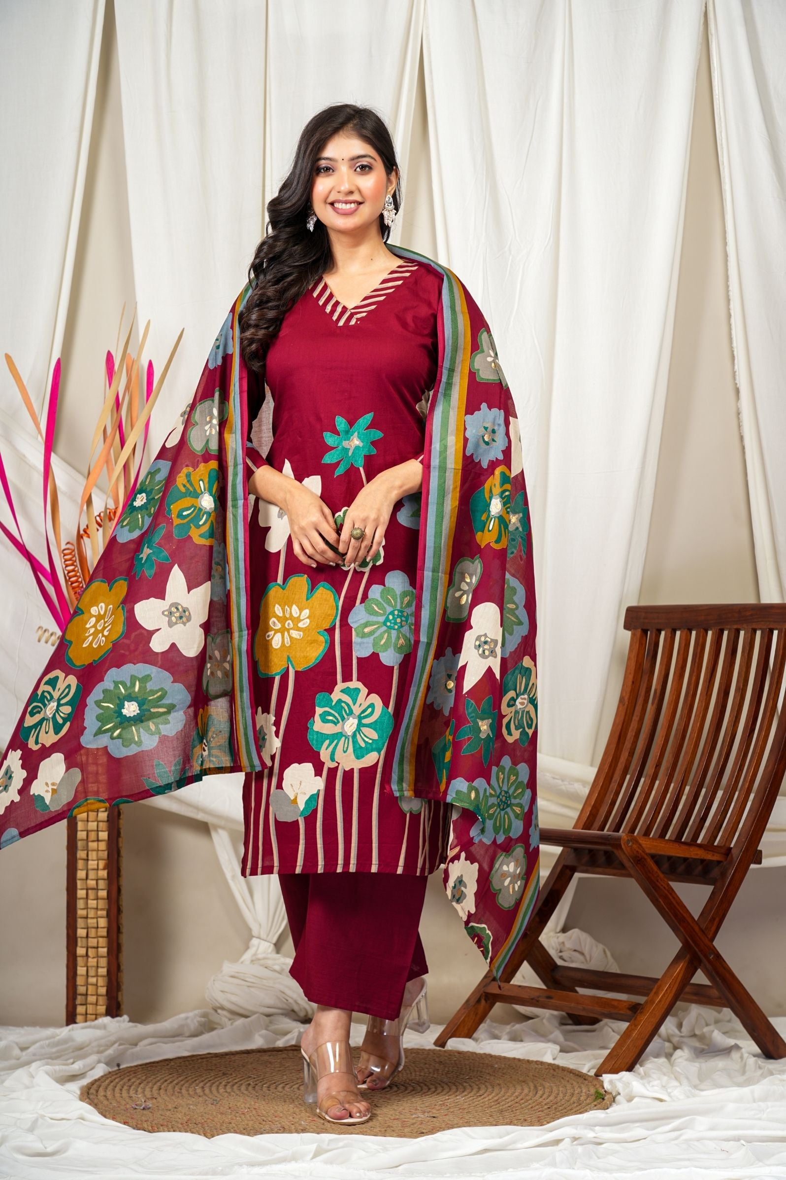 Maroon Cotton Ethnic Kurta Suit Set – Floral Print & Dupatta