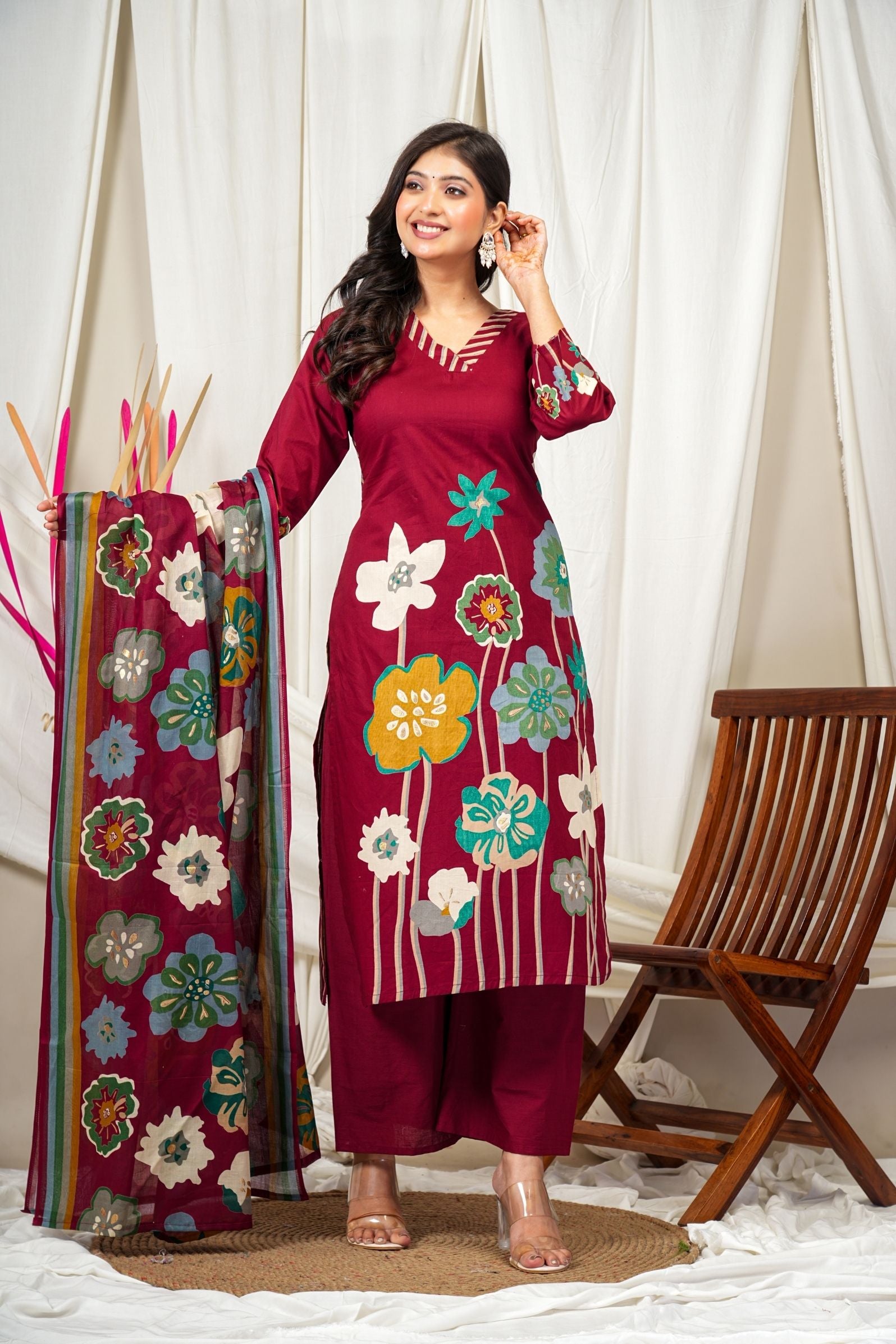 Maroon Cotton Ethnic Kurta Suit Set – Floral Print & Dupatta