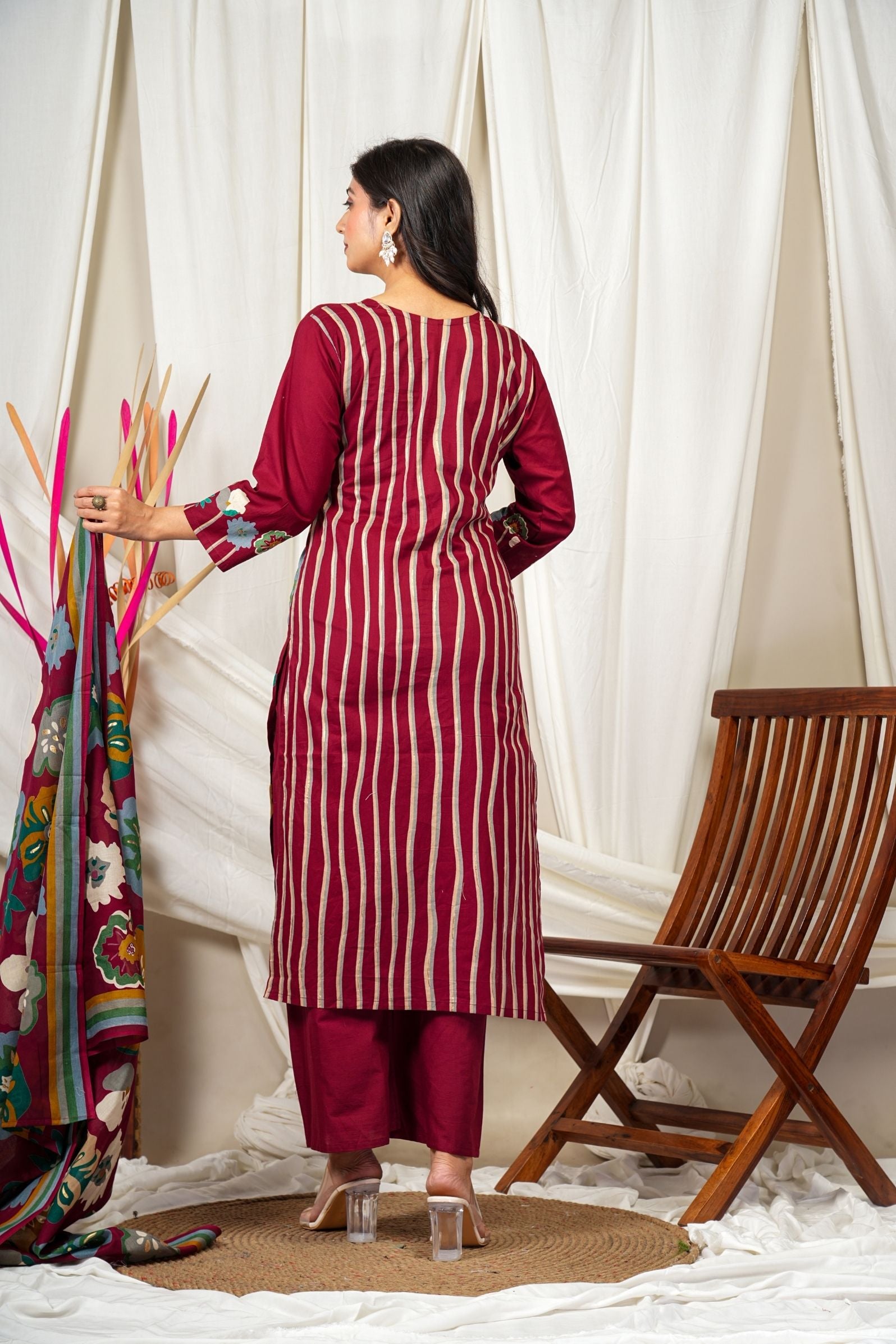 Maroon Cotton Ethnic Kurta Suit Set – Floral Print & Dupatta