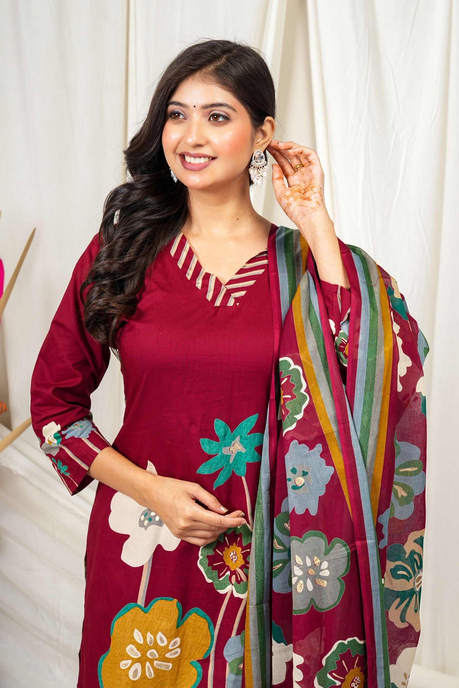 Maroon Cotton Ethnic Kurta Suit Set – Floral Print & Dupatta