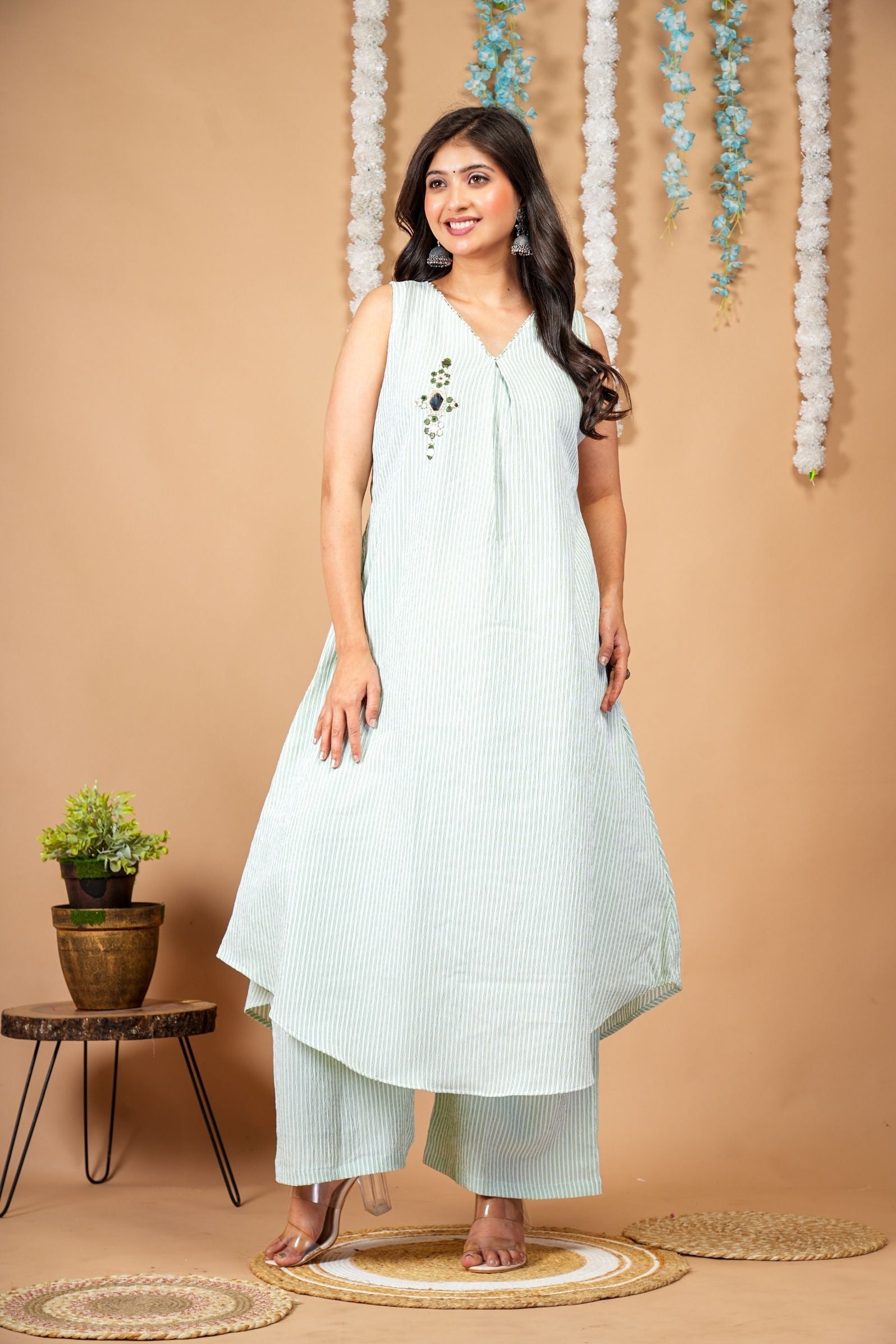 Mint Striped Sleeveless Kurti-Plazzo Set with Stone Embellishment