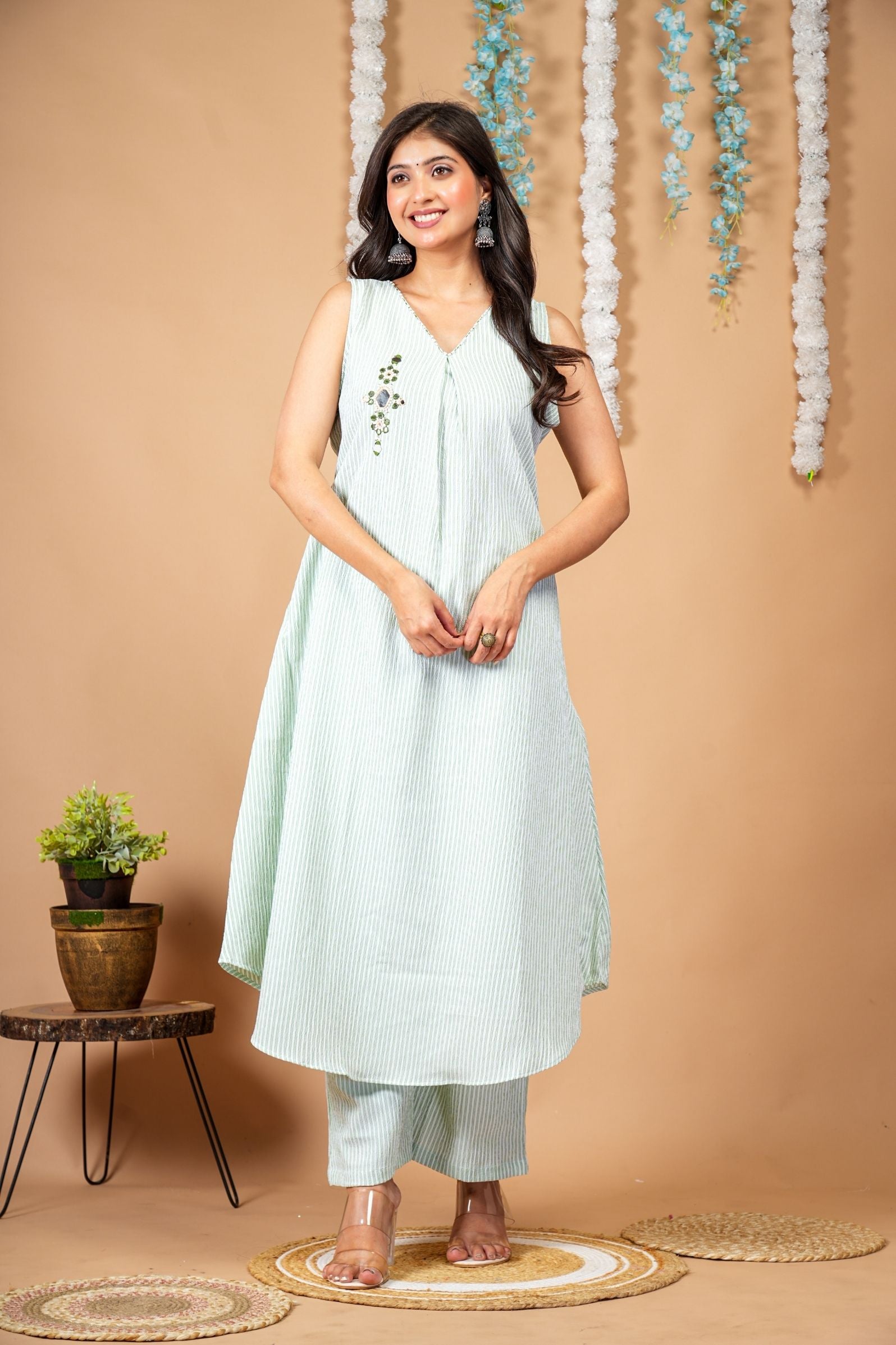 Mint Striped Sleeveless Kurti-Plazzo Set with Stone Embellishment