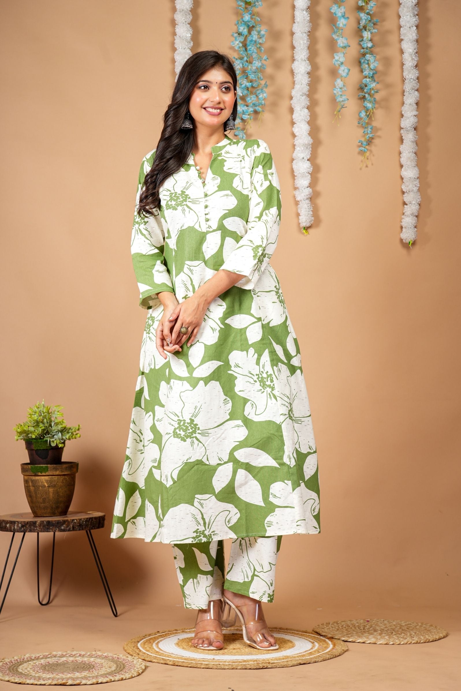 Olive Green Floral Cotton-Flex Kurta Plazzo Set