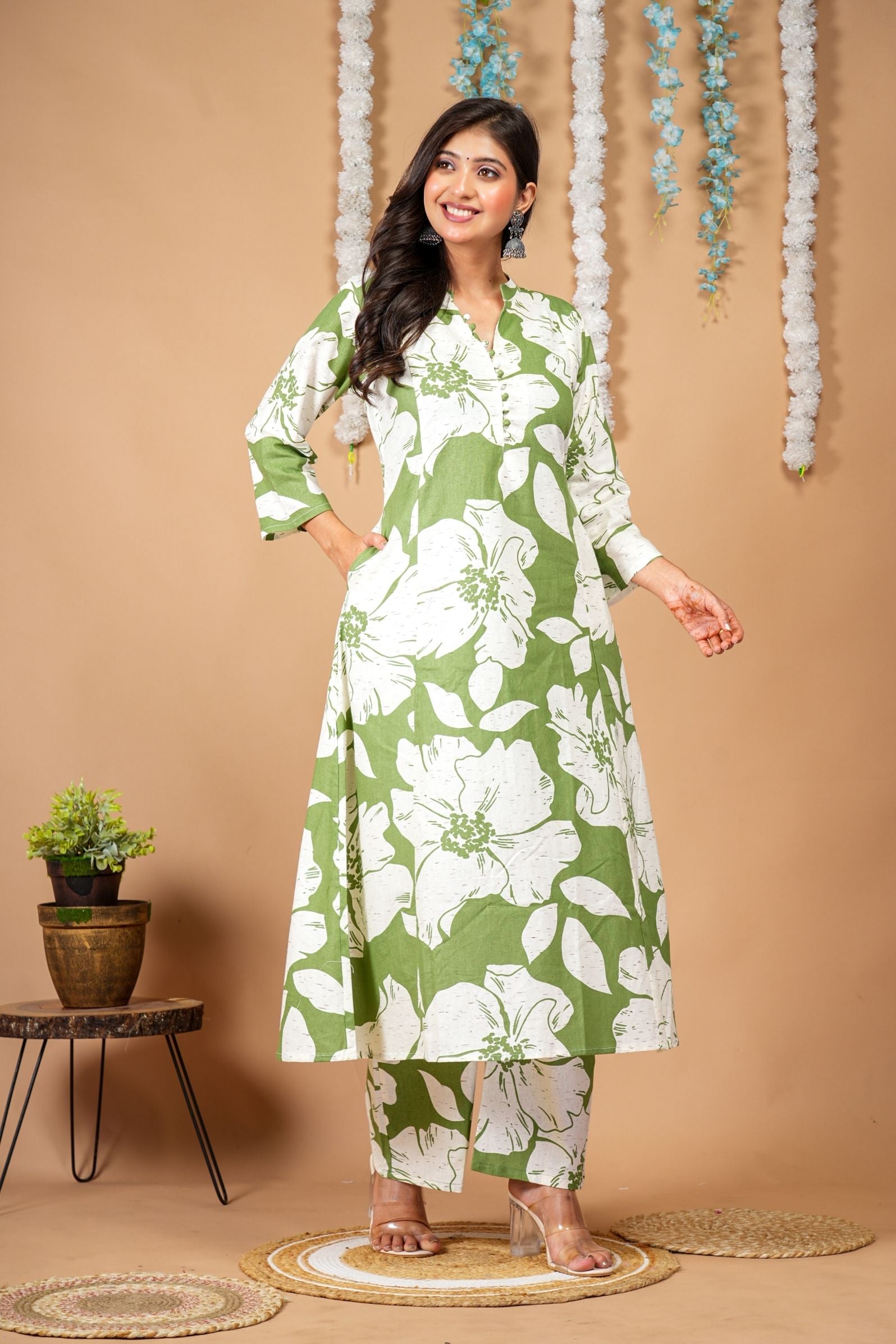 Olive Green Floral Cotton-Flex Kurta Plazzo Set