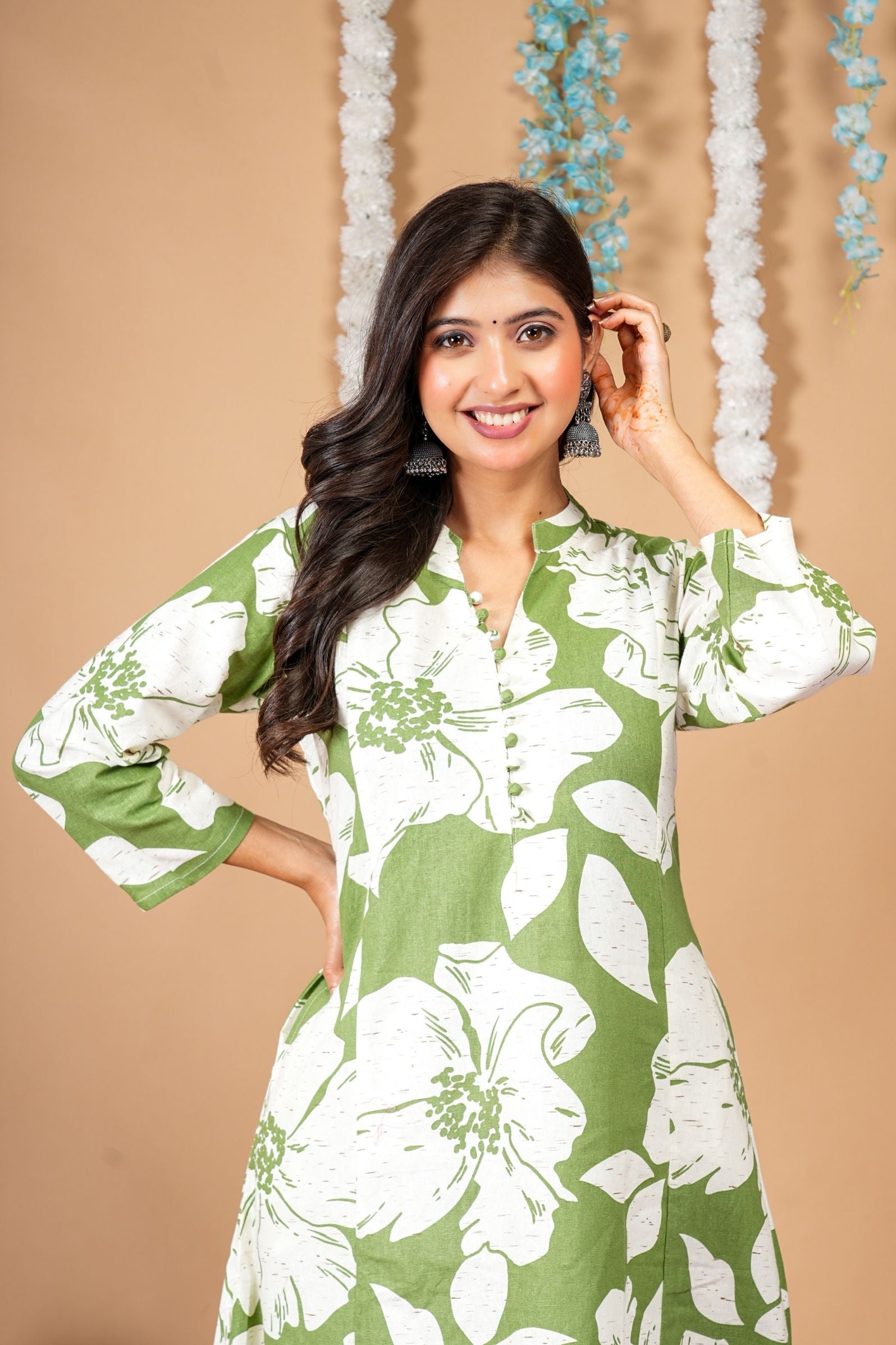 Olive Green Floral Cotton-Flex Kurta Plazzo Set