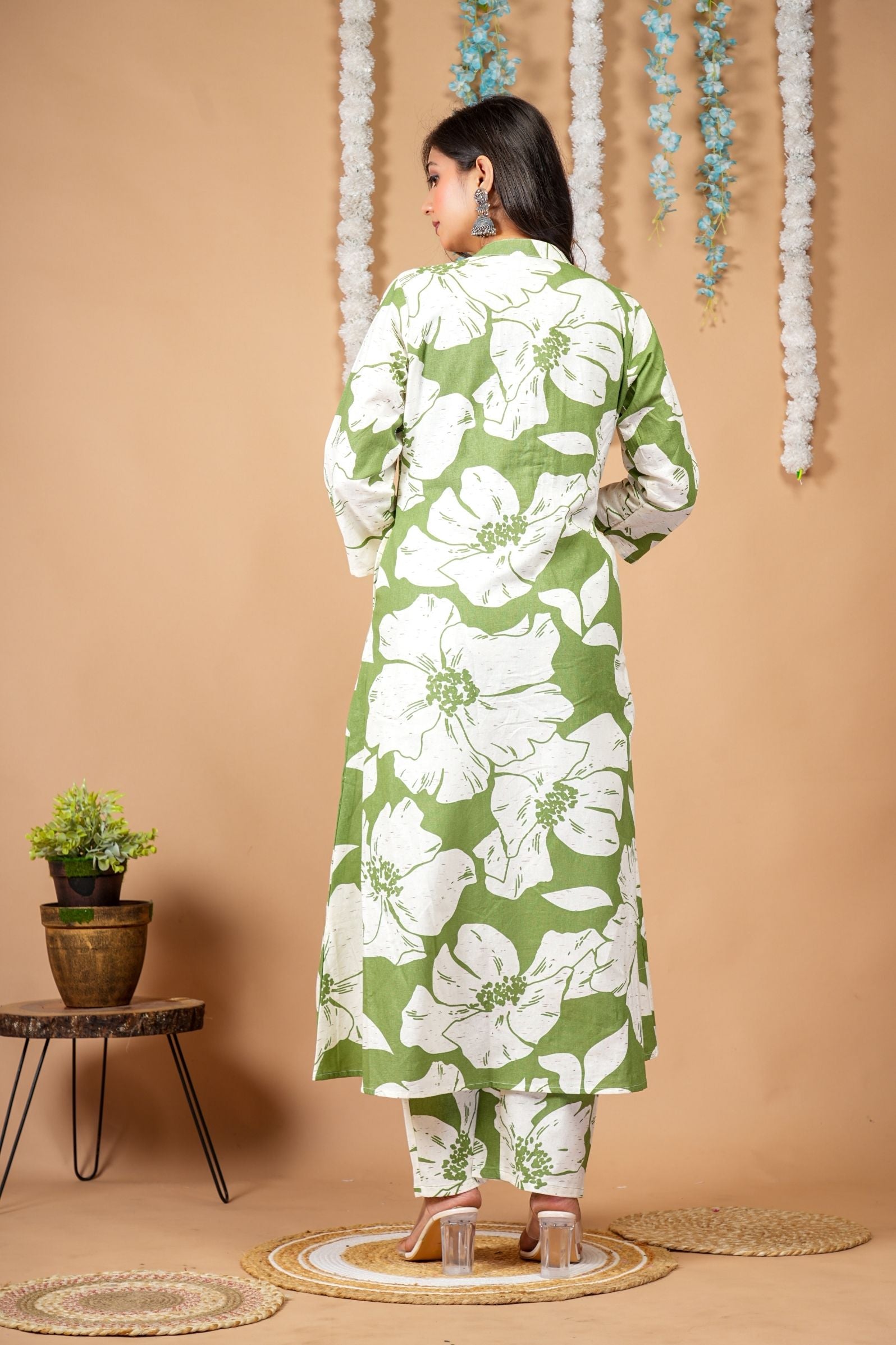 Olive Green Floral Cotton-Flex Kurta Plazzo Set