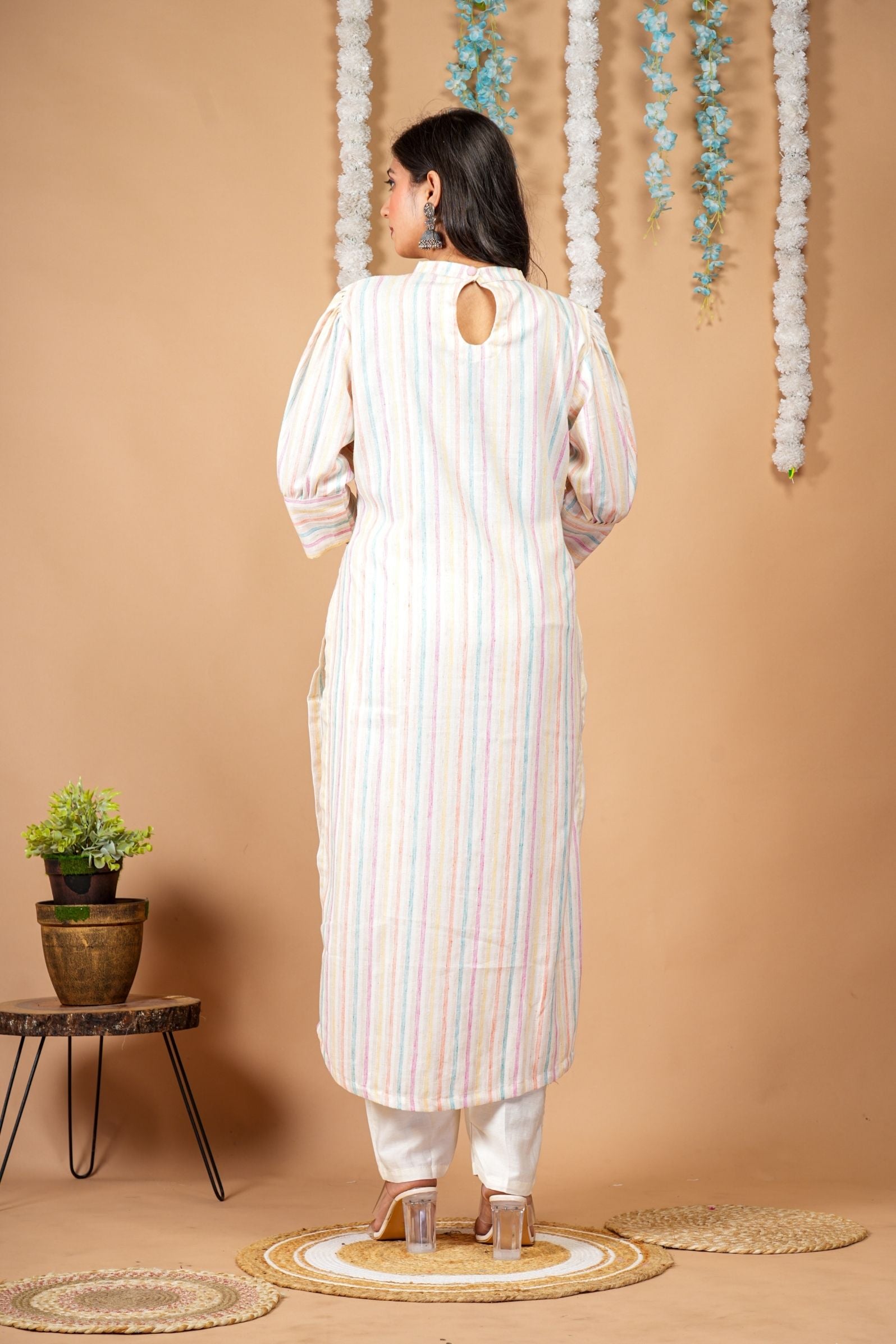 Pastel Muse Multi-stripe Up-down Kurti Pant Set