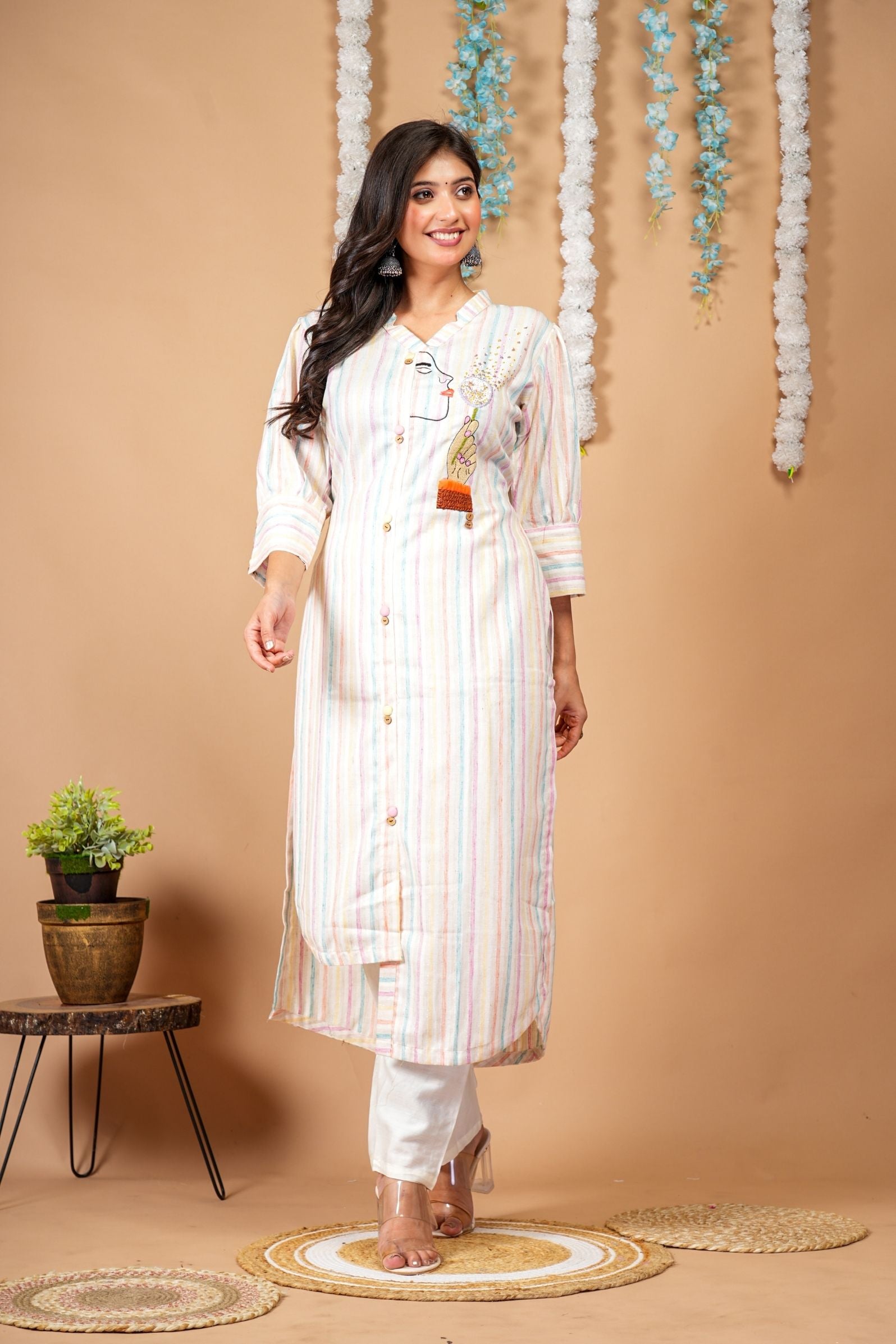 Pastel Muse Multi-stripe Up-down Kurti Pant Set