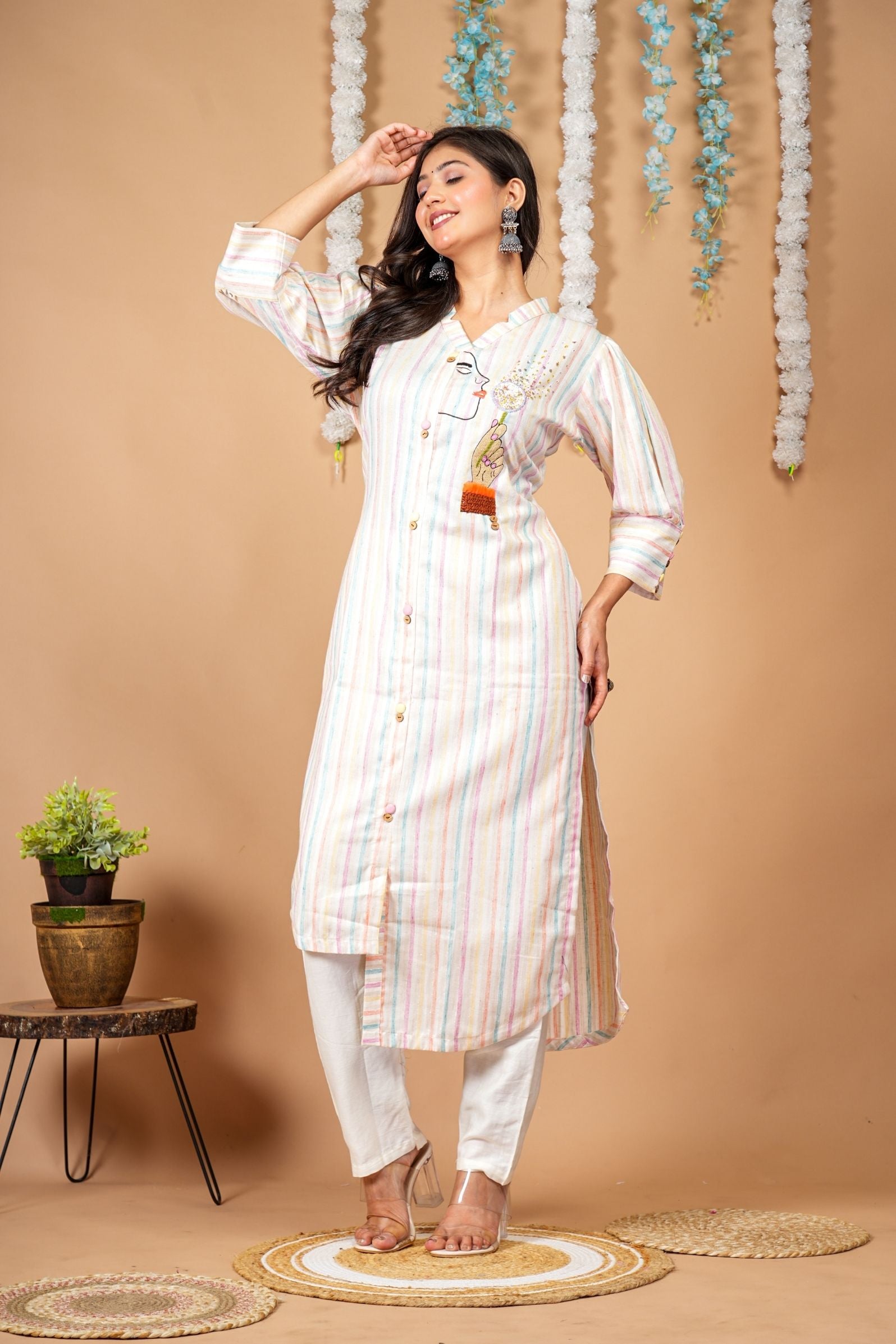 Pastel Muse Multi-stripe Up-down Kurti Pant Set