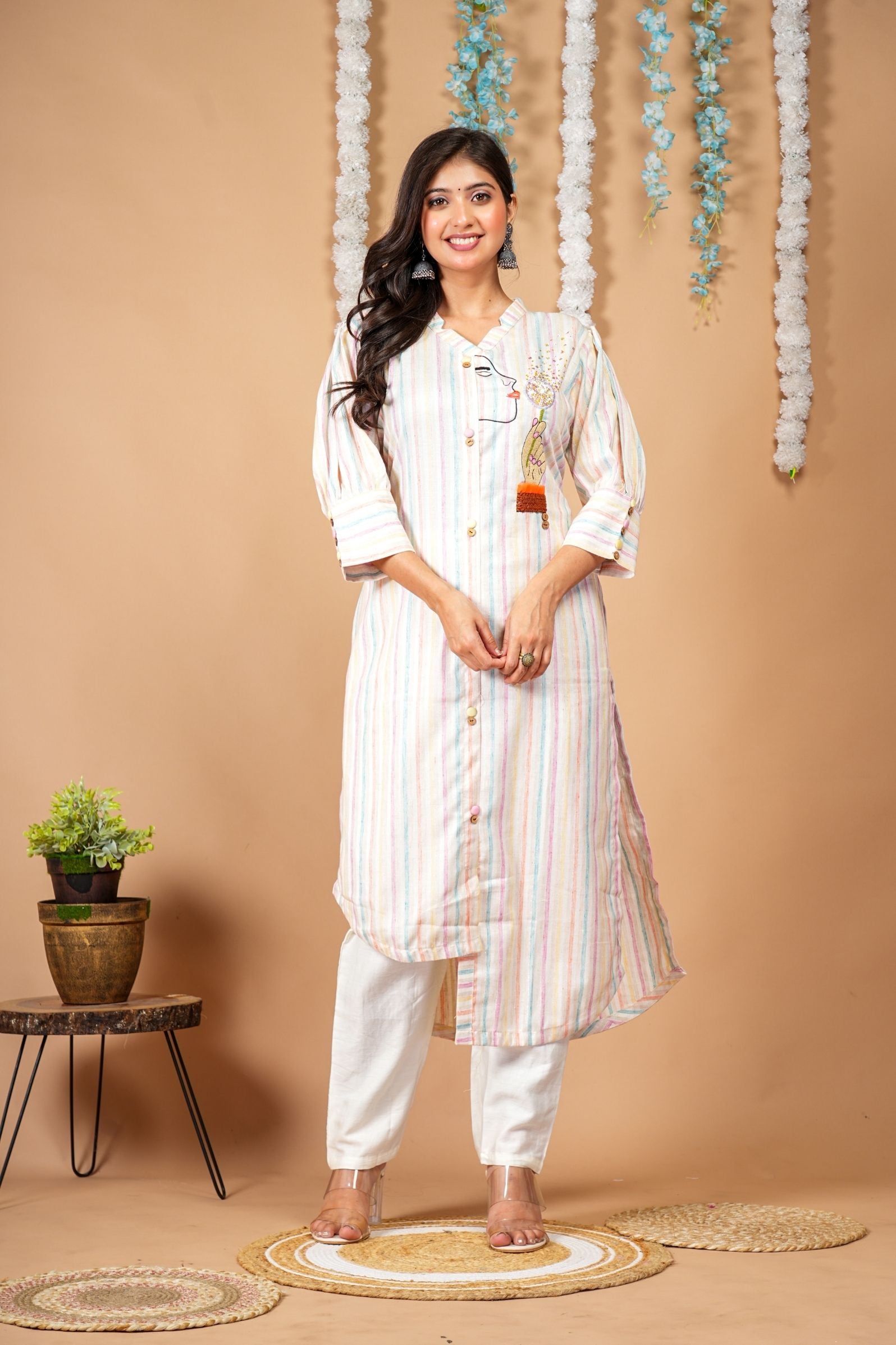 Pastel Muse Multi-stripe Up-down Kurti Pant Set