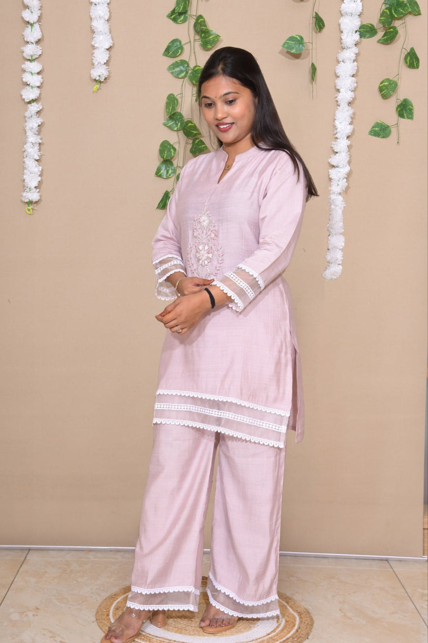 Blush Pink Kurta Pant Set with Lace Detailing