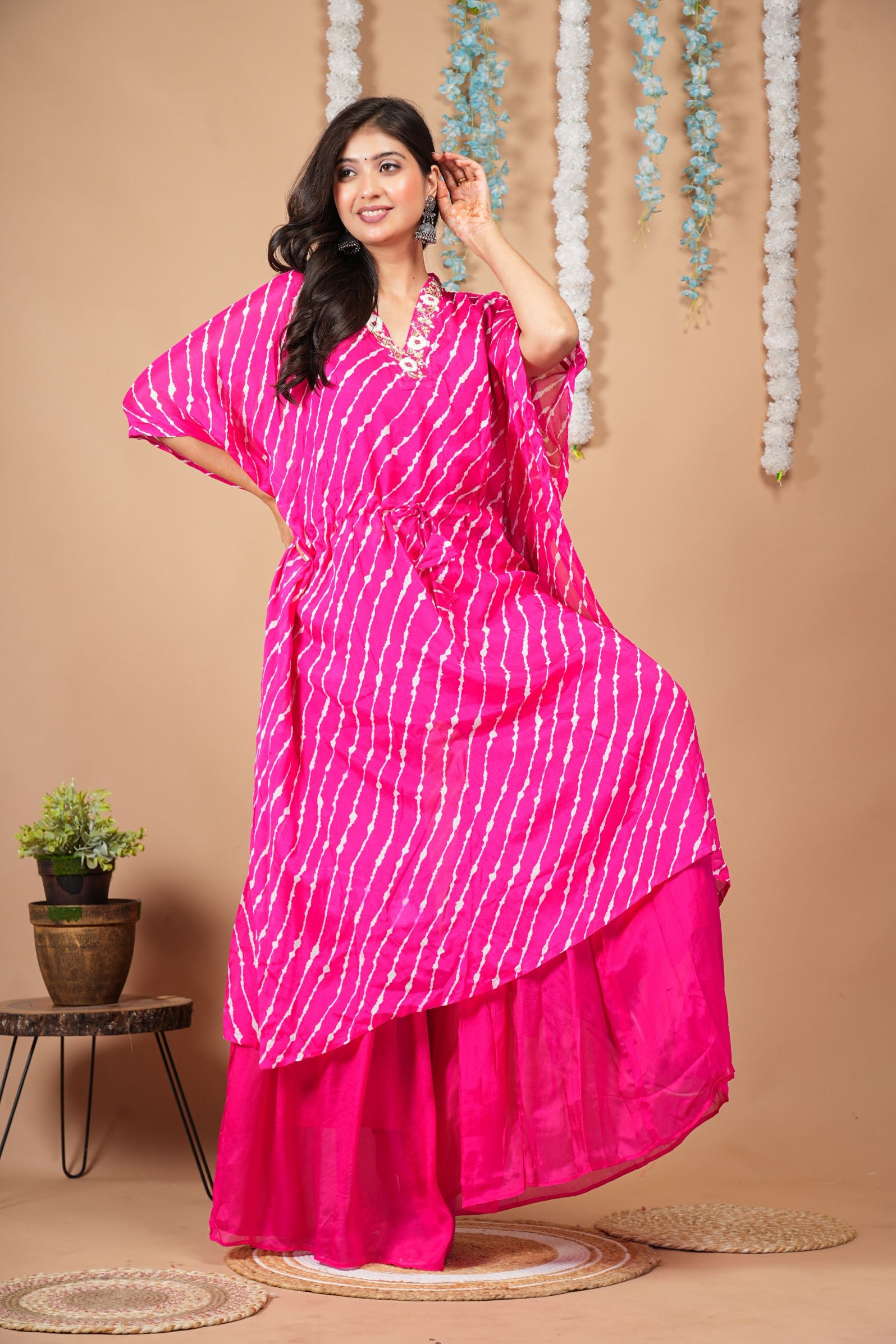 Pink Leheriya Kaftan Indo-Western Set