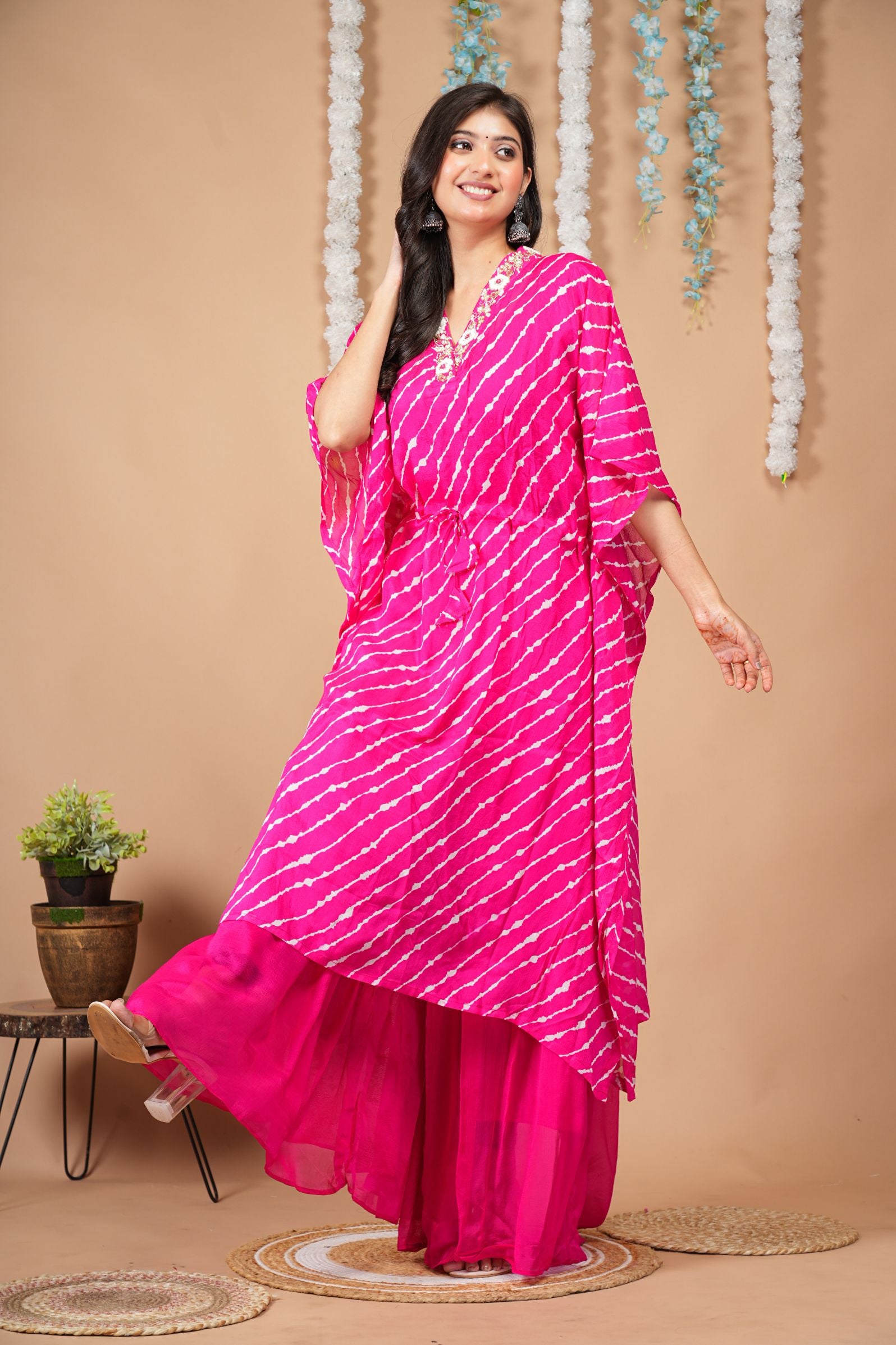 Pink Leheriya Kaftan Indo-Western Set