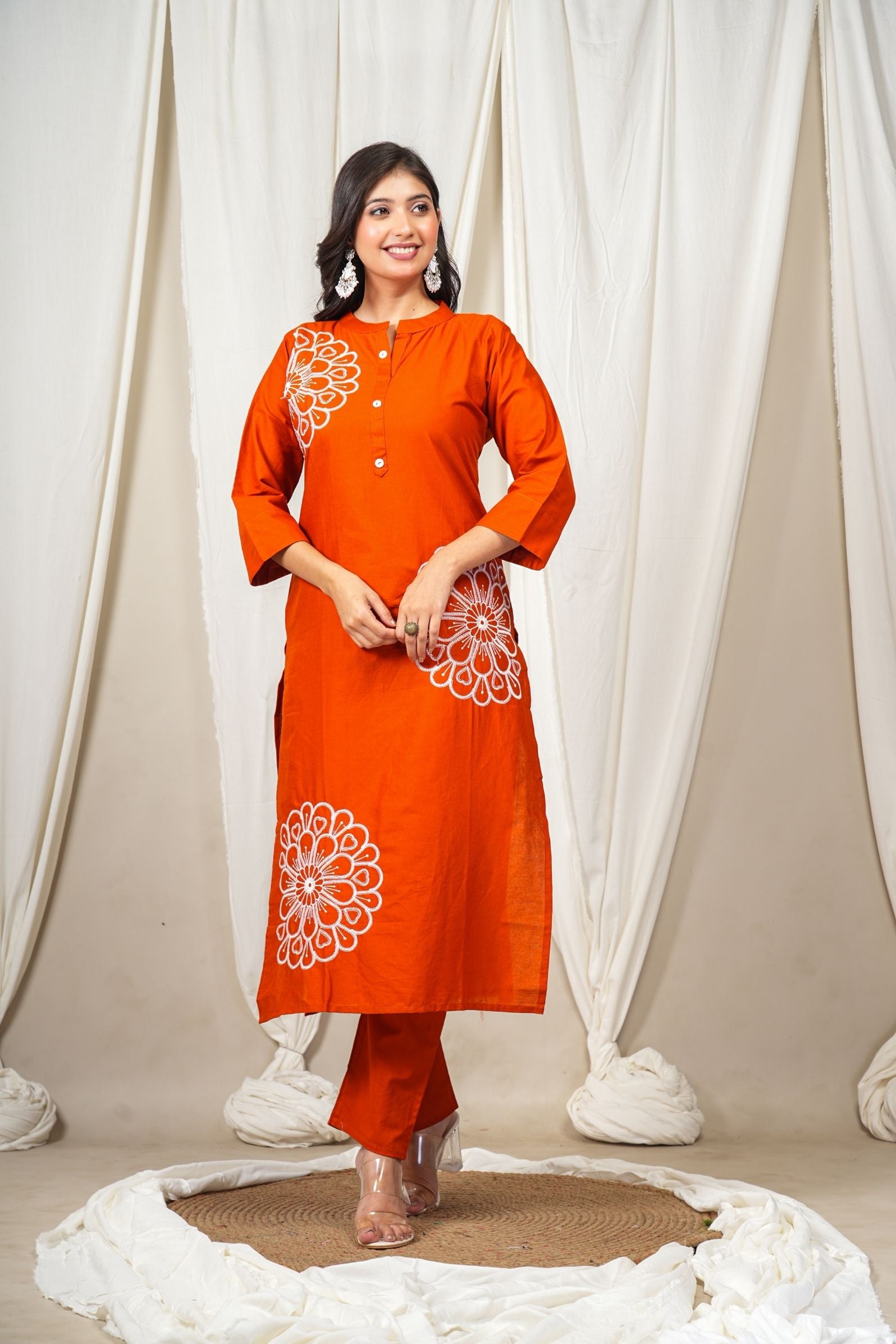 Rust Orange Kurta Pant Set with White Floral Embroidery