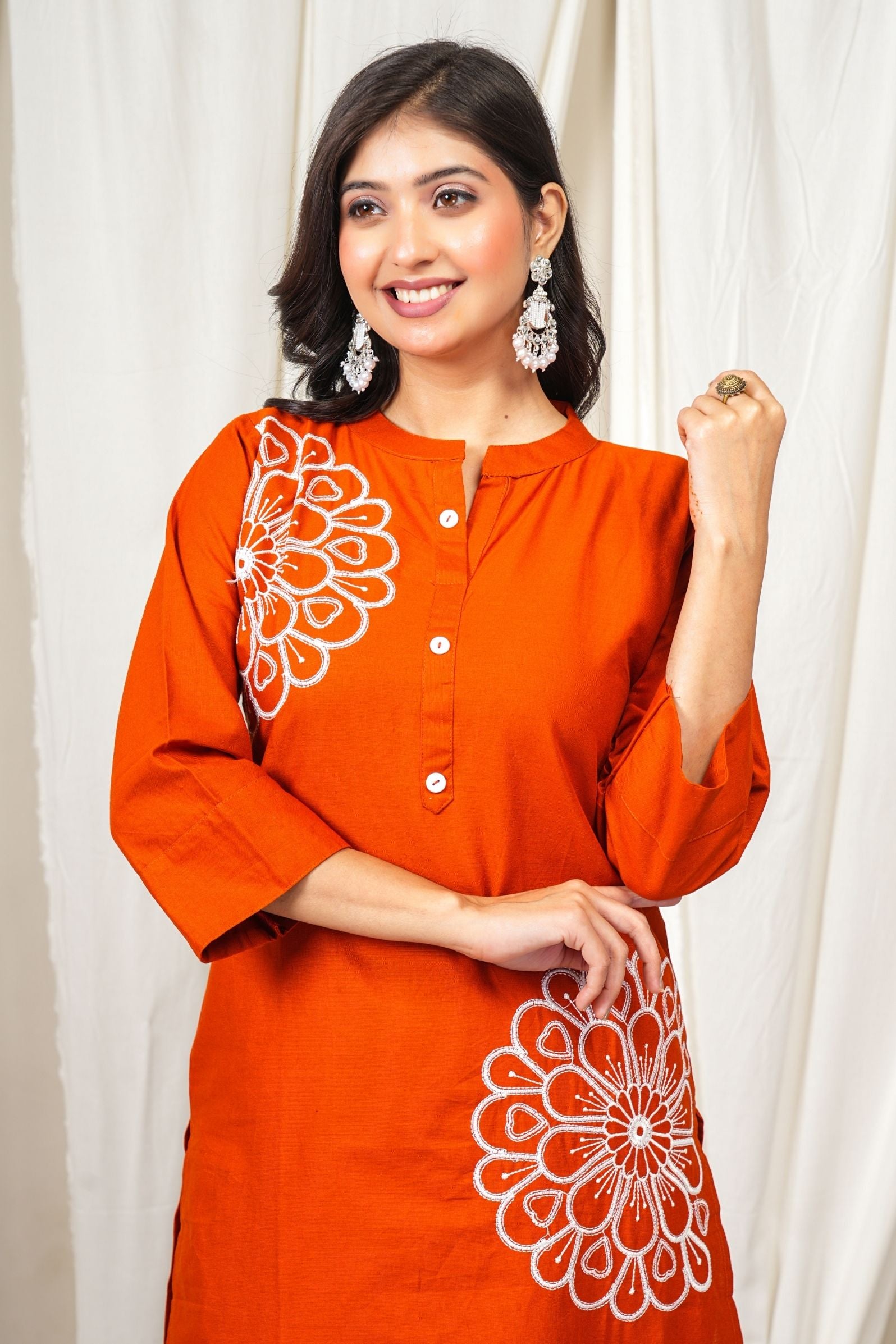 Rust Orange Kurta Pant Set with White Floral Embroidery
