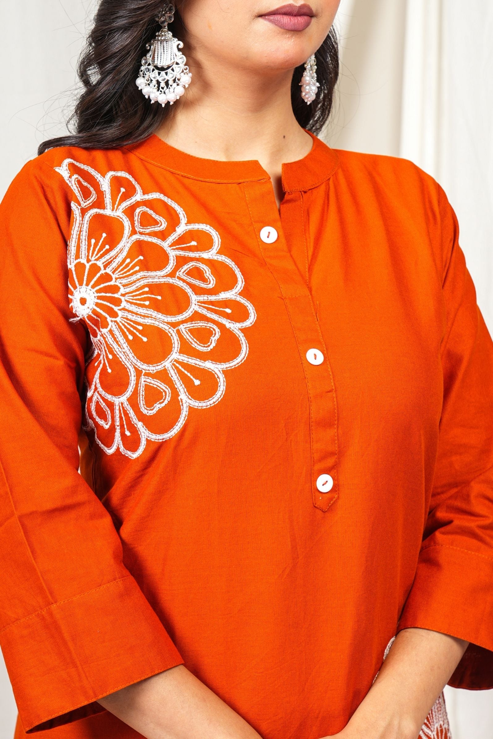 Rust Orange Kurta Pant Set with White Floral Embroidery