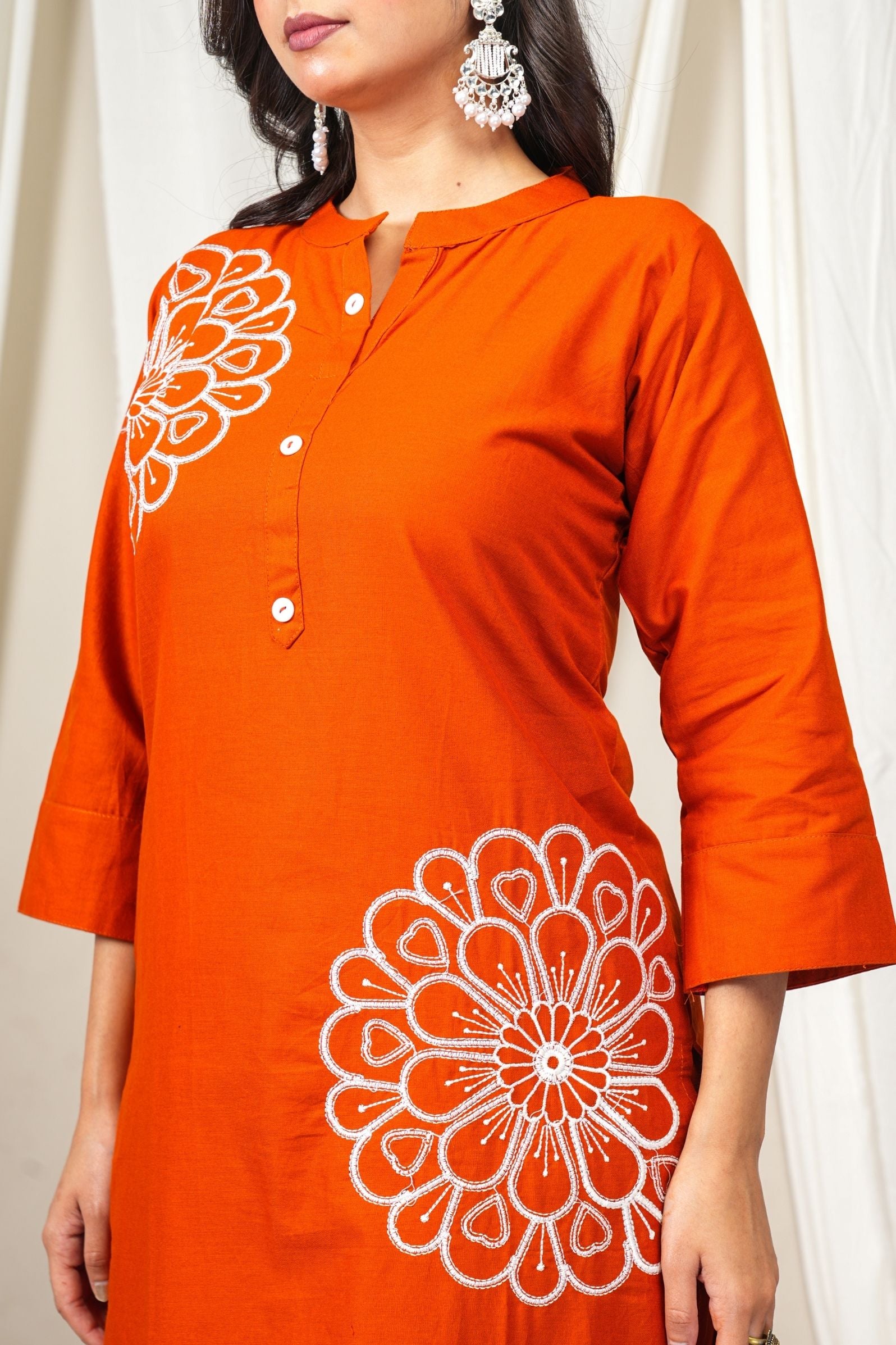 Rust Orange Kurta Pant Set with White Floral Embroidery