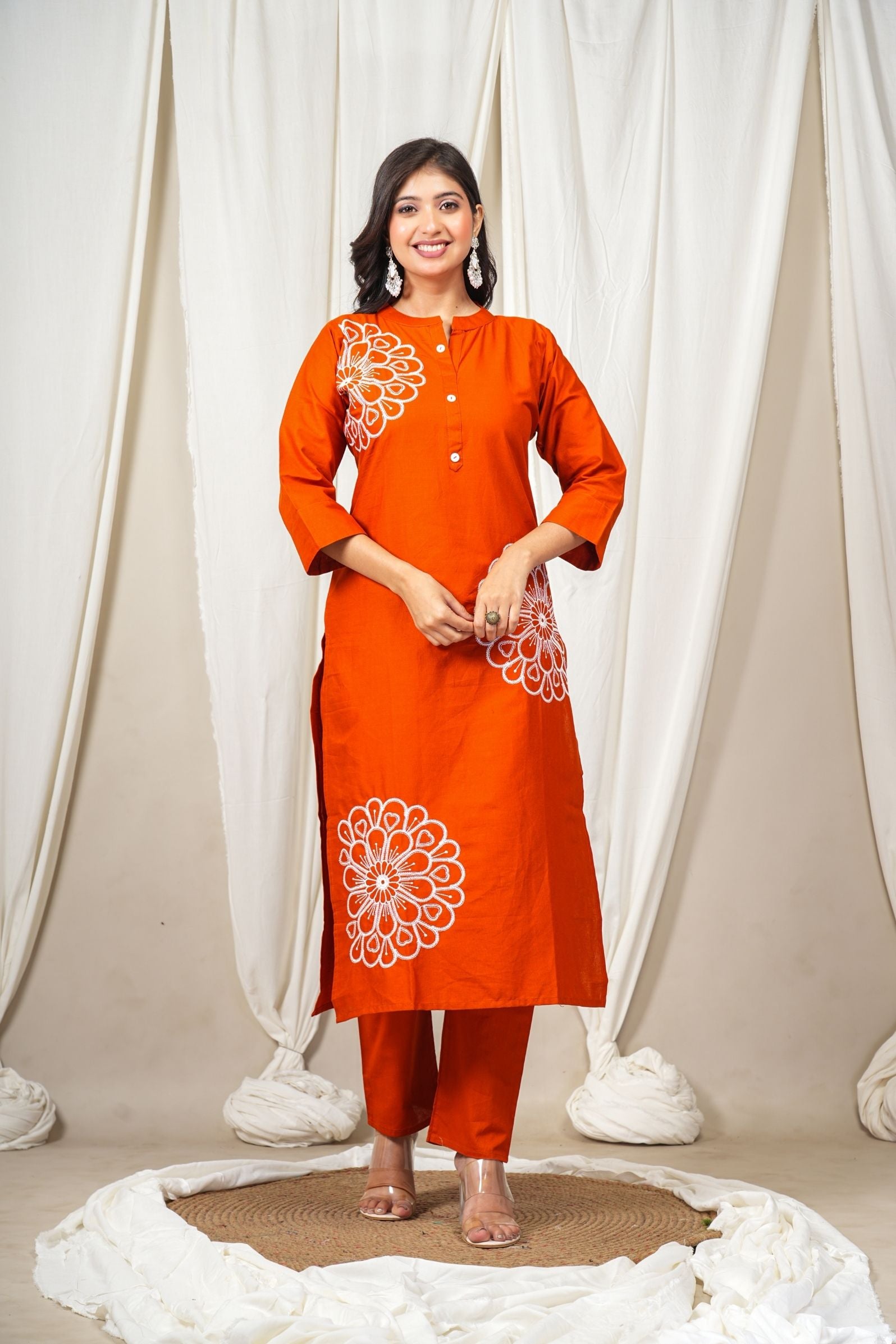 Rust Orange Kurta Pant Set with White Floral Embroidery