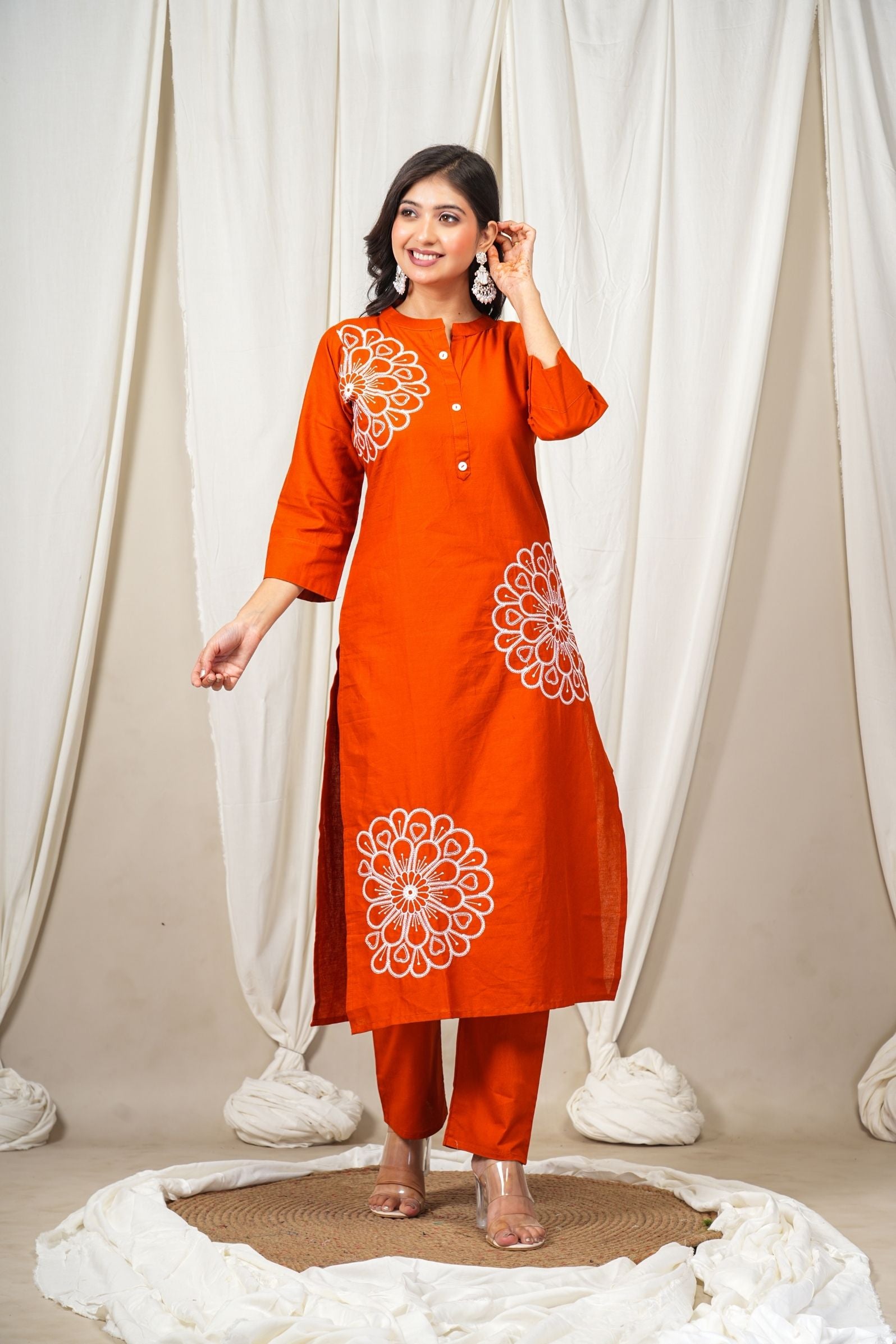 Rust Orange Kurta Pant Set with White Floral Embroidery