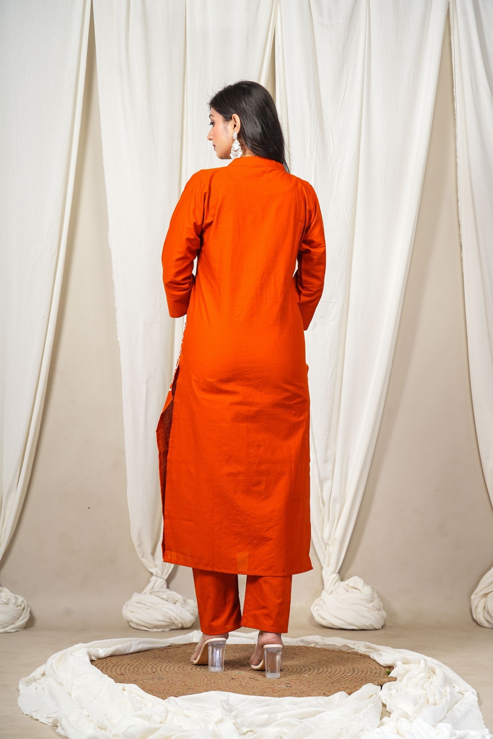 Rust Orange Kurta Pant Set with White Floral Embroidery