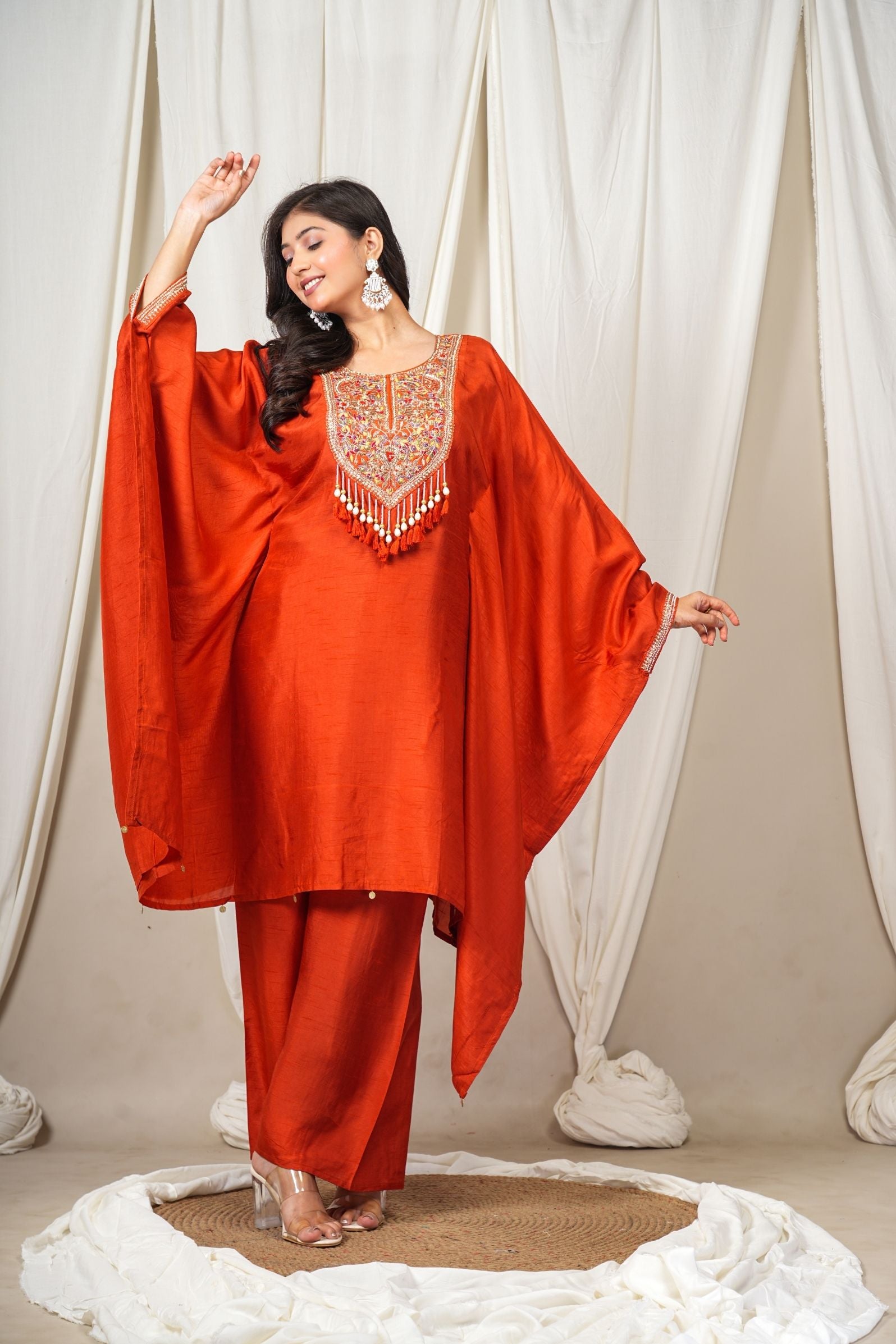Rust Silk Kaftan-Style Indo-Western set