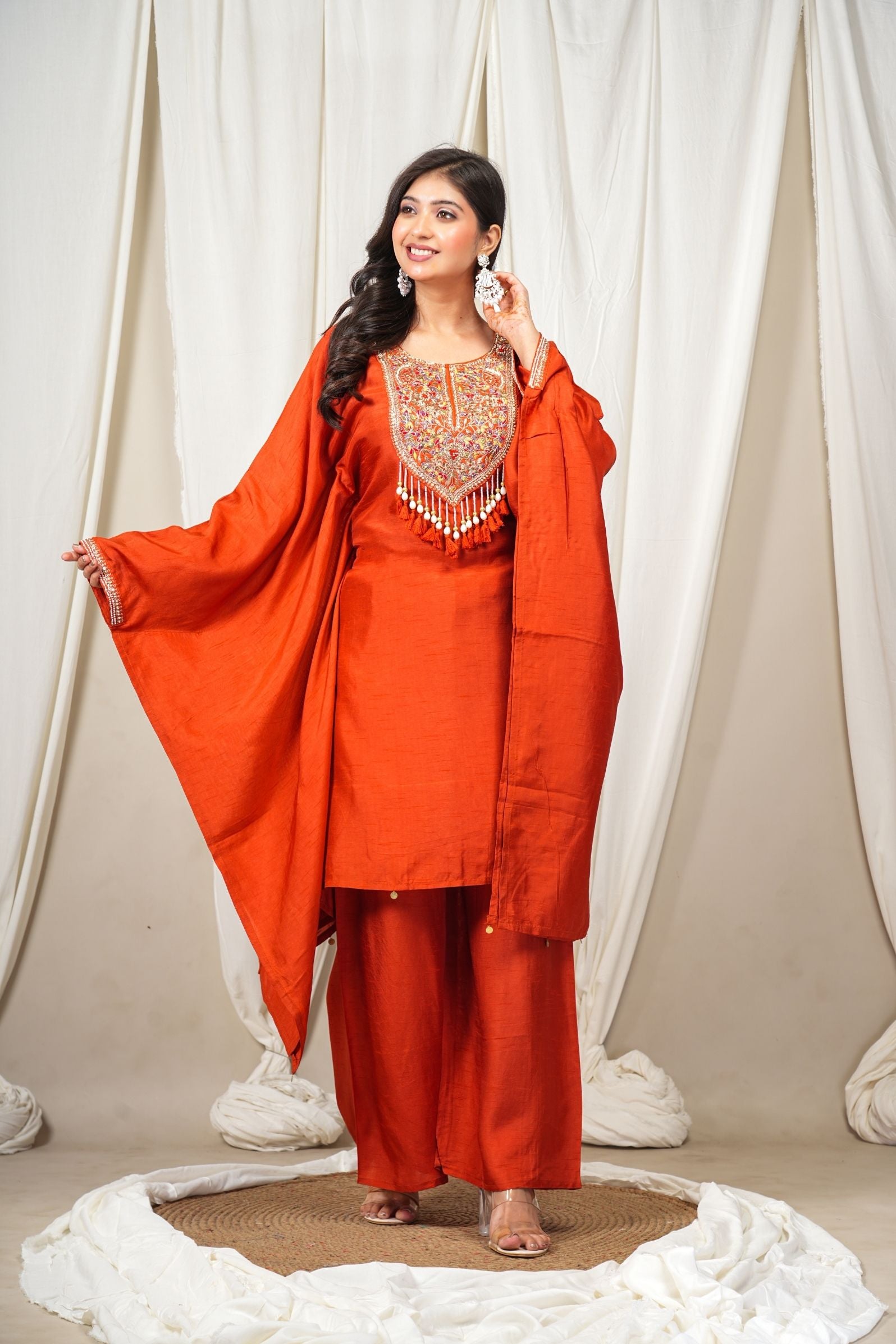 Rust Silk Kaftan-Style Indo-Western set