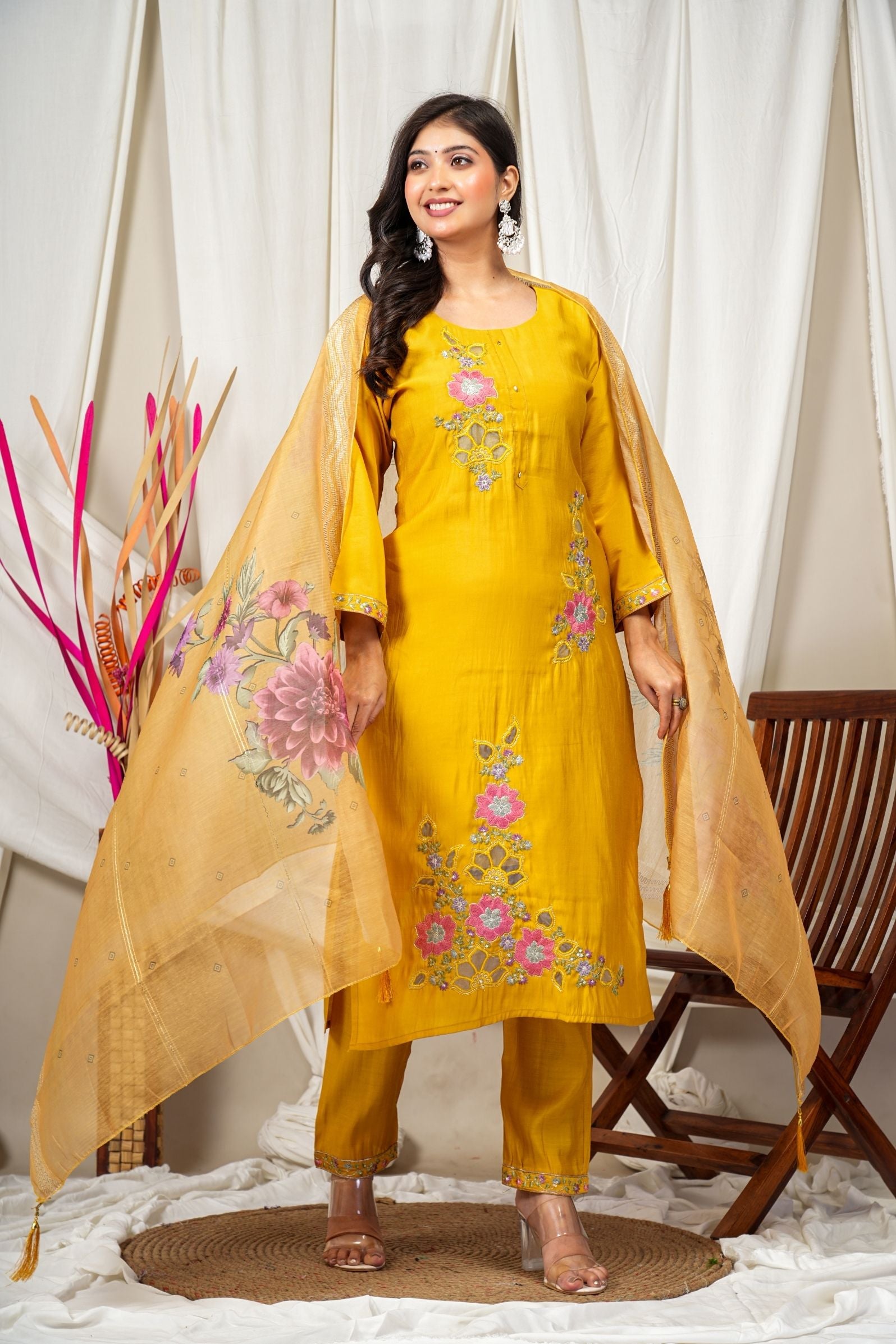 Mustard Premium Silk Blend Elegant Suit Set