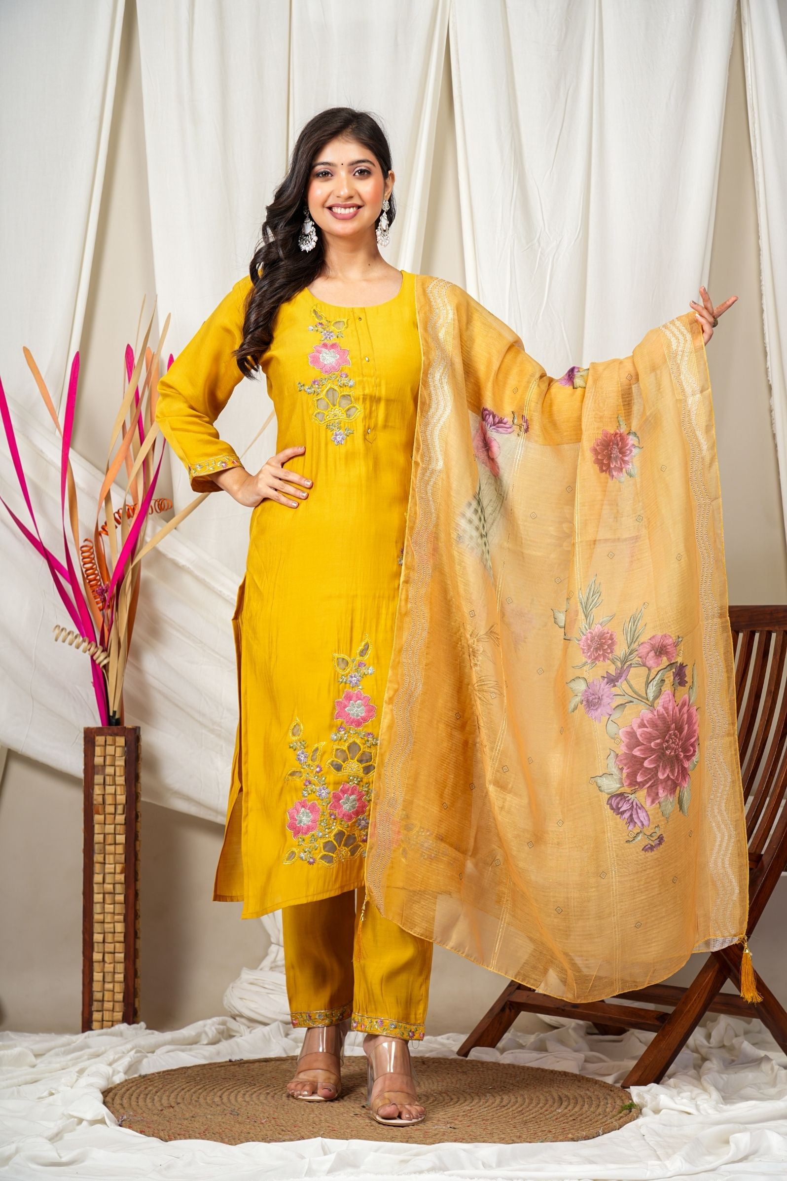 Mustard Premium Silk Blend Elegant Suit Set