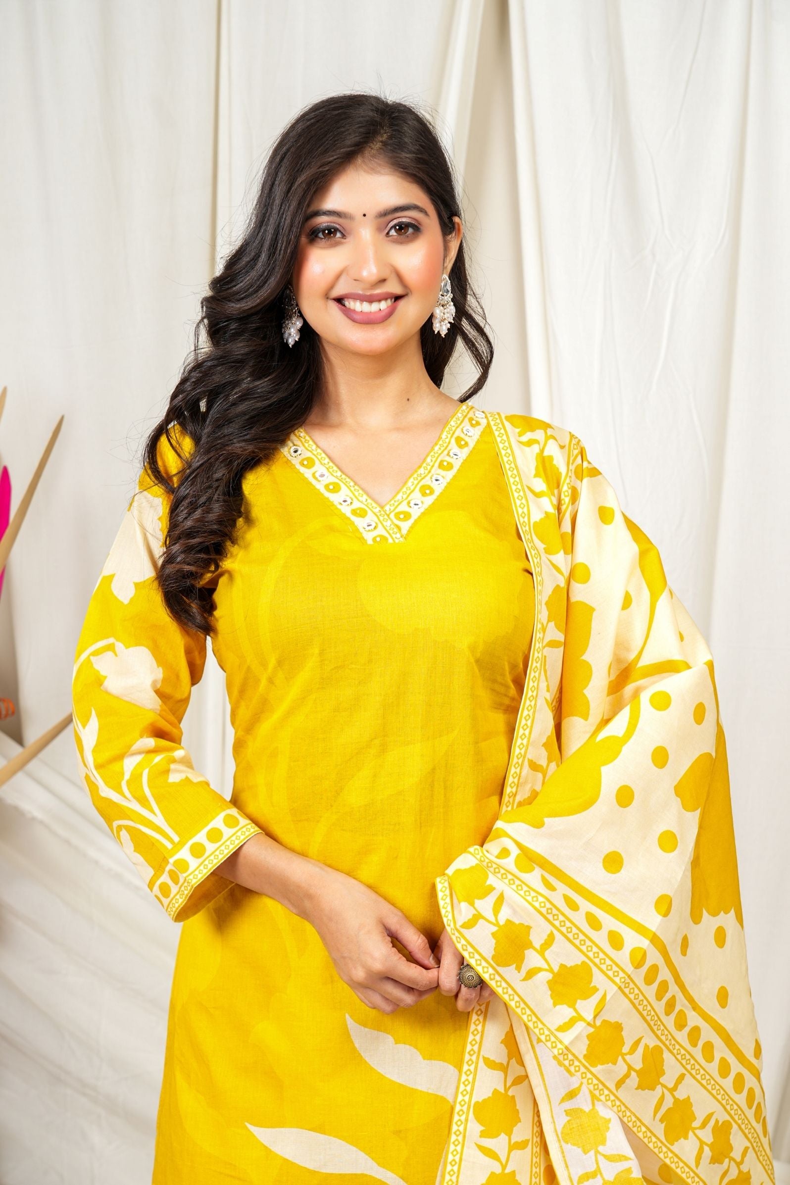 Sunshine Yellow Cotton Suit Set with Subtle Floral Print & Dupatta