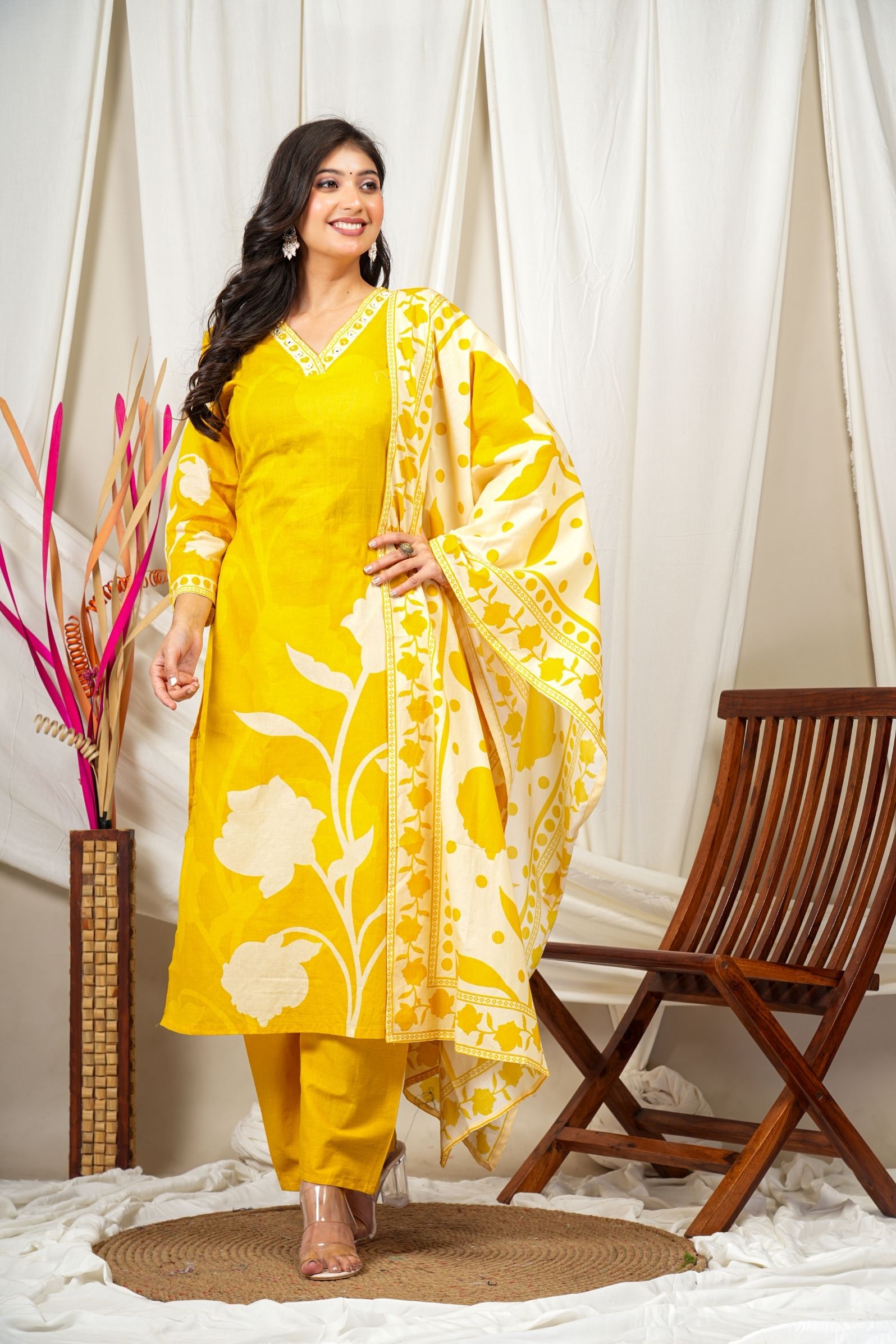 Sunshine Yellow Cotton Suit Set with Subtle Floral Print & Dupatta