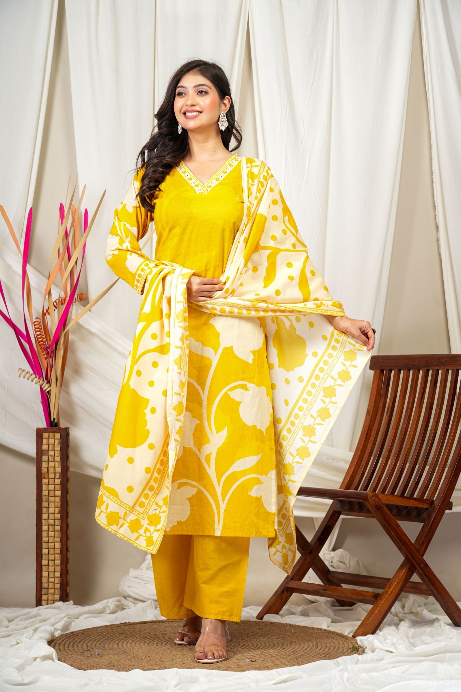 Sunshine Yellow Cotton Suit Set with Subtle Floral Print & Dupatta