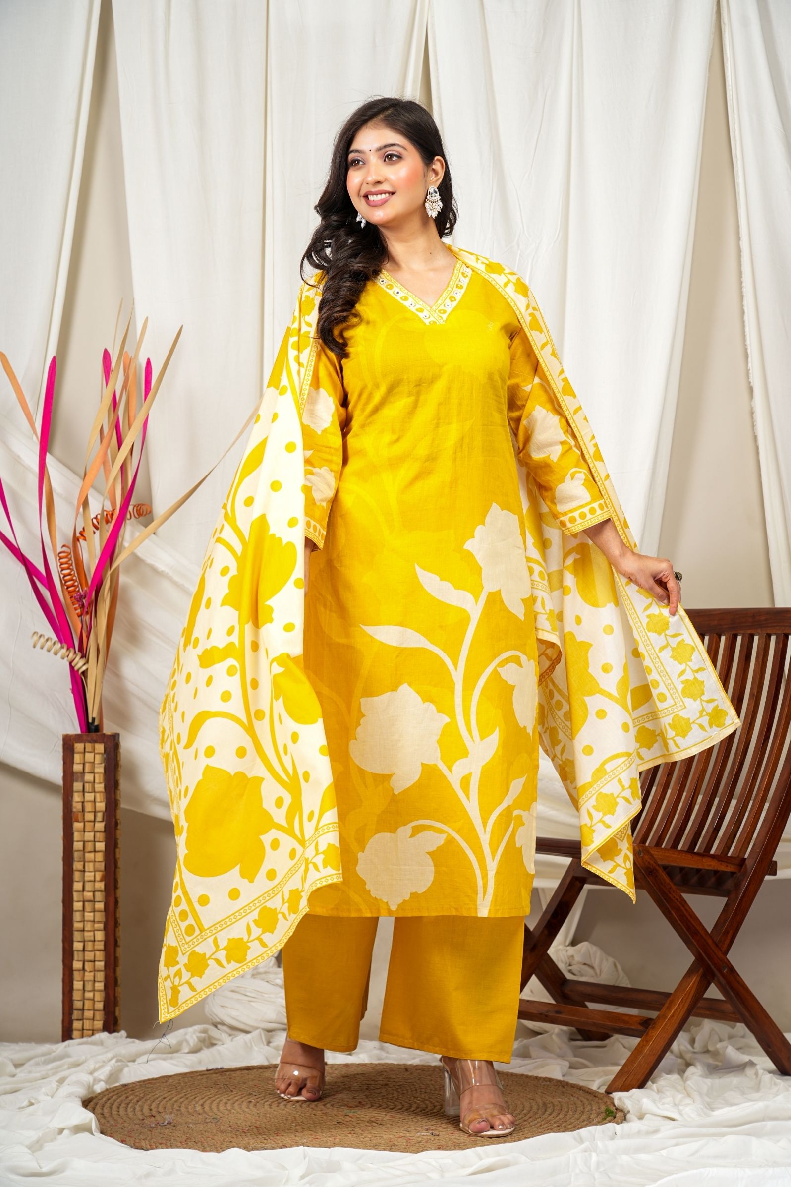 Sunshine Yellow Cotton Suit Set with Subtle Floral Print & Dupatta