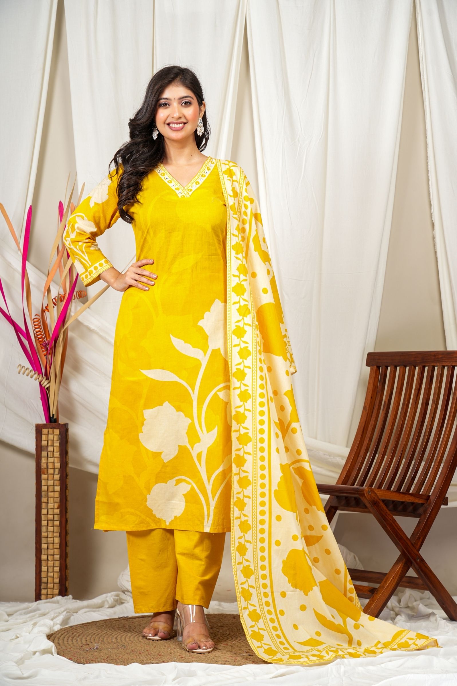 Sunshine Yellow Cotton Suit Set with Subtle Floral Print & Dupatta