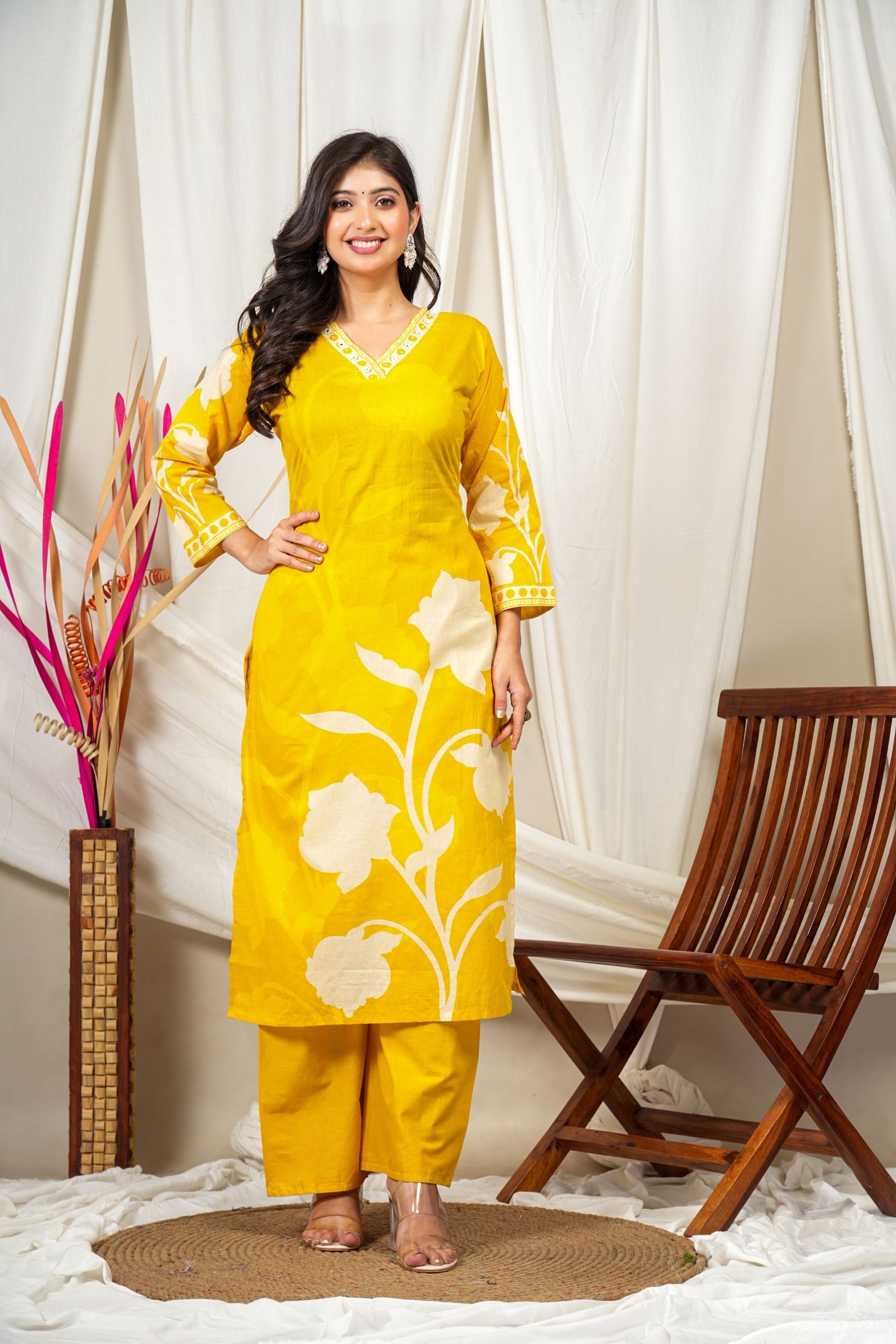 Sunshine Yellow Cotton Suit Set with Subtle Floral Print & Dupatta