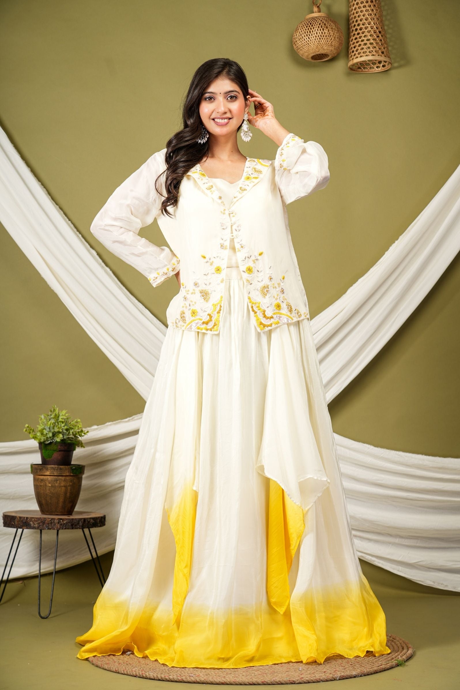 Yellow White Ombre Soft Silk Indo-Western Set