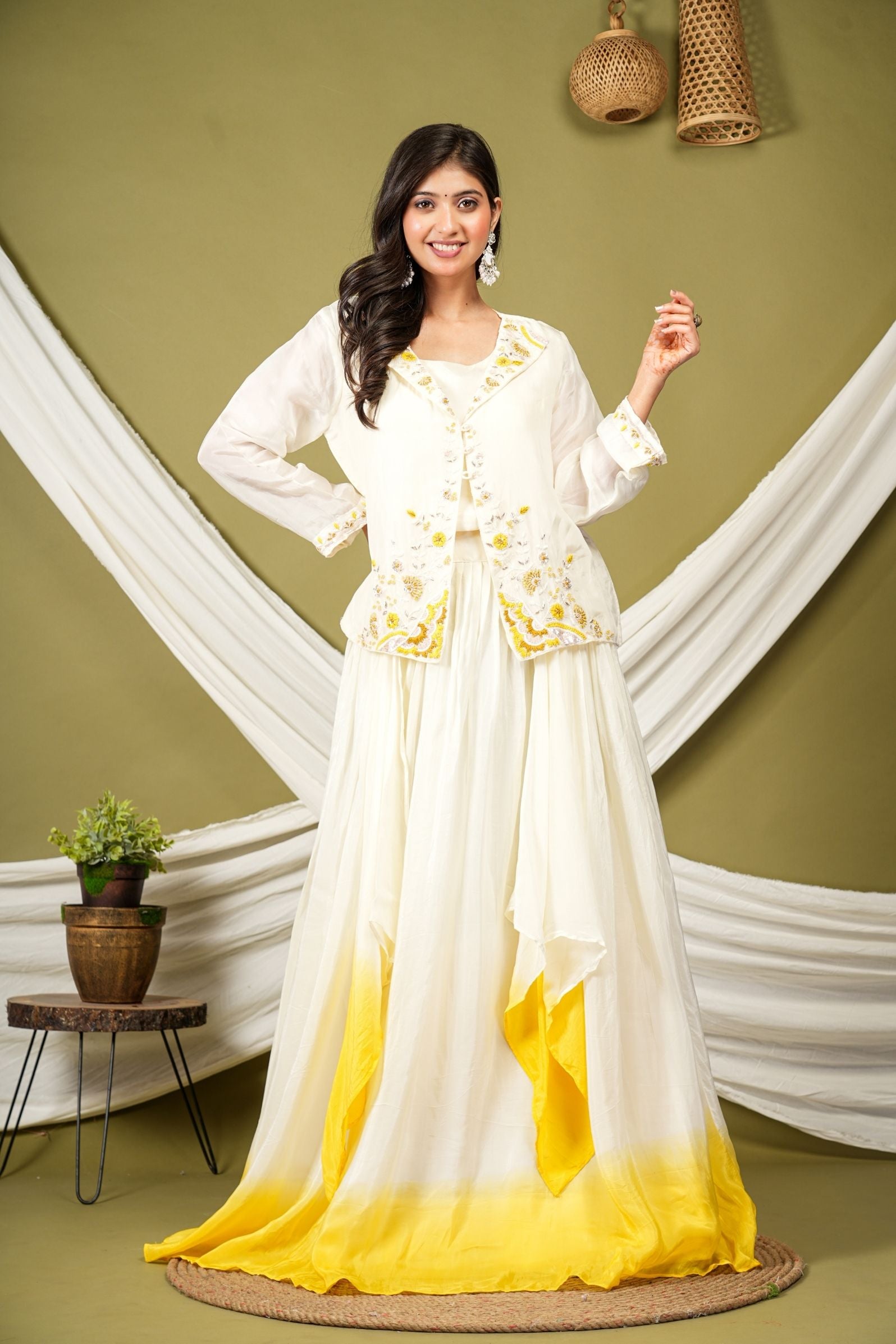 Yellow White Ombre Soft Silk Indo-Western Set