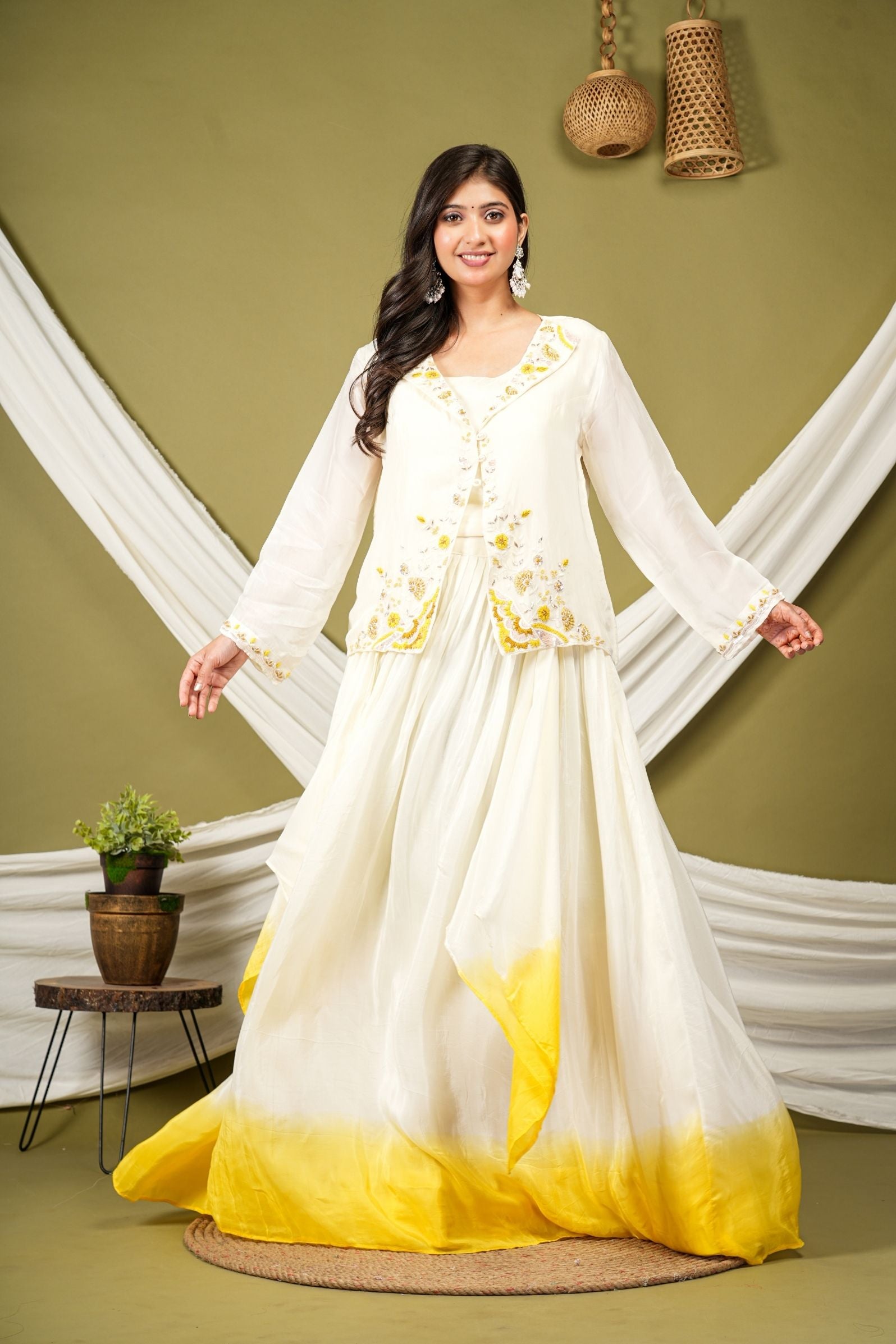 Yellow White Ombre Soft Silk Indo-Western Set